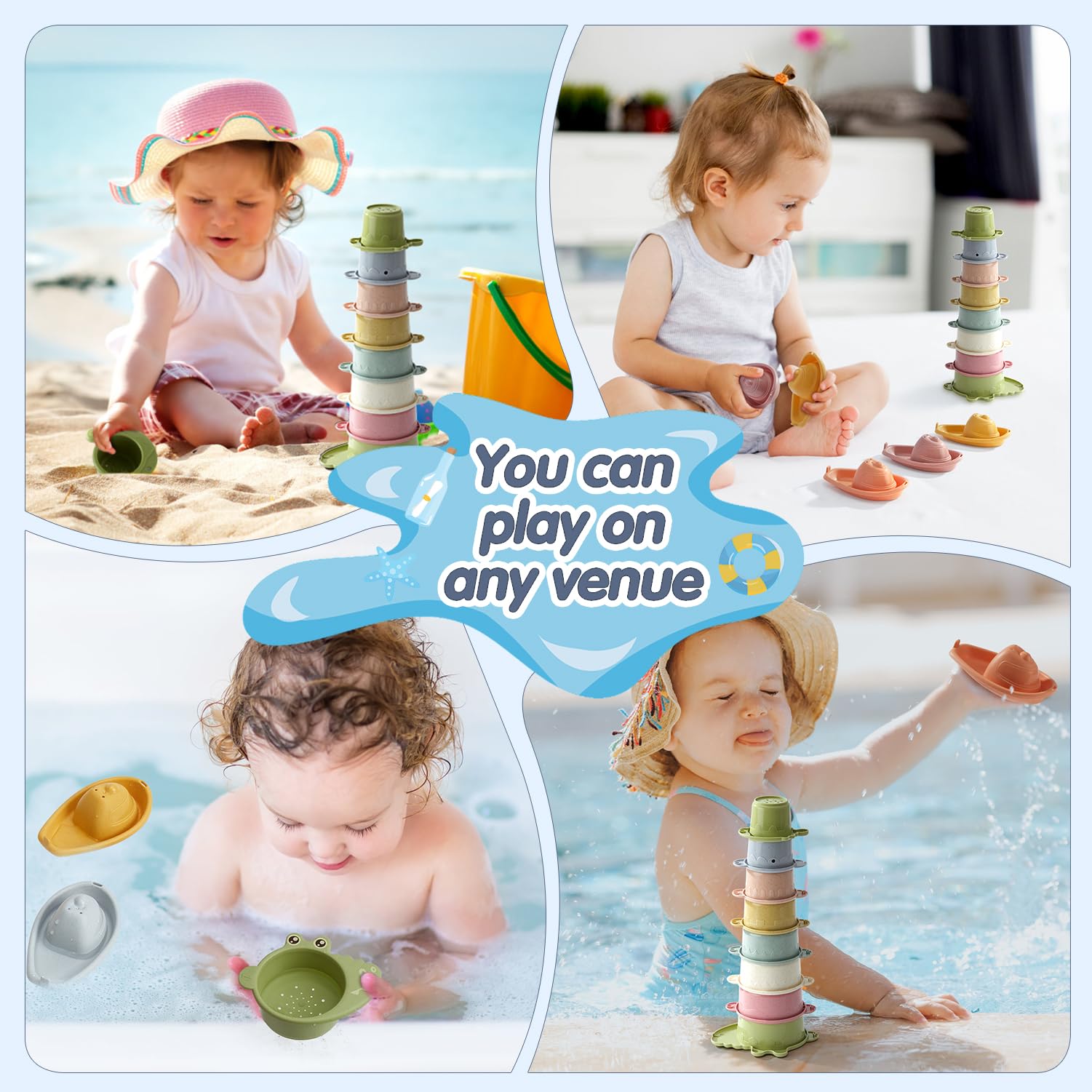 AMCHSURI 14 PCS Non-Toxic Bath Toys for Toddlers 1-3 Years - Stackable Boats & Cups, Mold-Free Bathtub Water Toys for Babies 6-12 Months - Early Learning Educational Gift for Sensory Play & Bathtime Fun