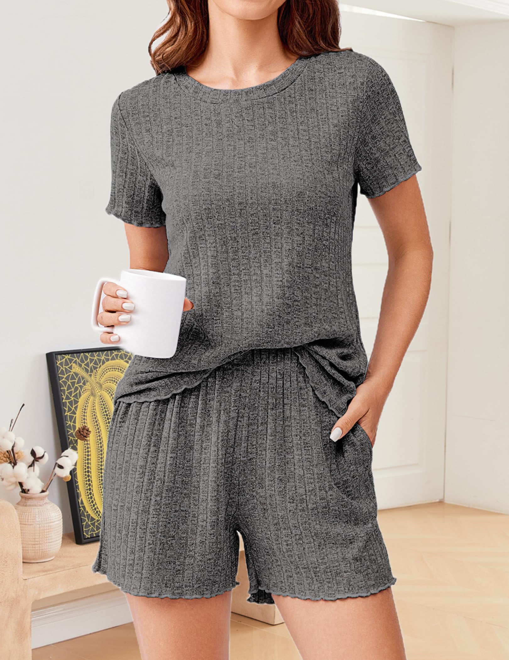 Ekouaer Women's Ribbed Knit Pajama Set - Soft Short Sleeve Sleepwear with Pockets, Cozy Lounge Wear for Home, Sleep & Relaxation