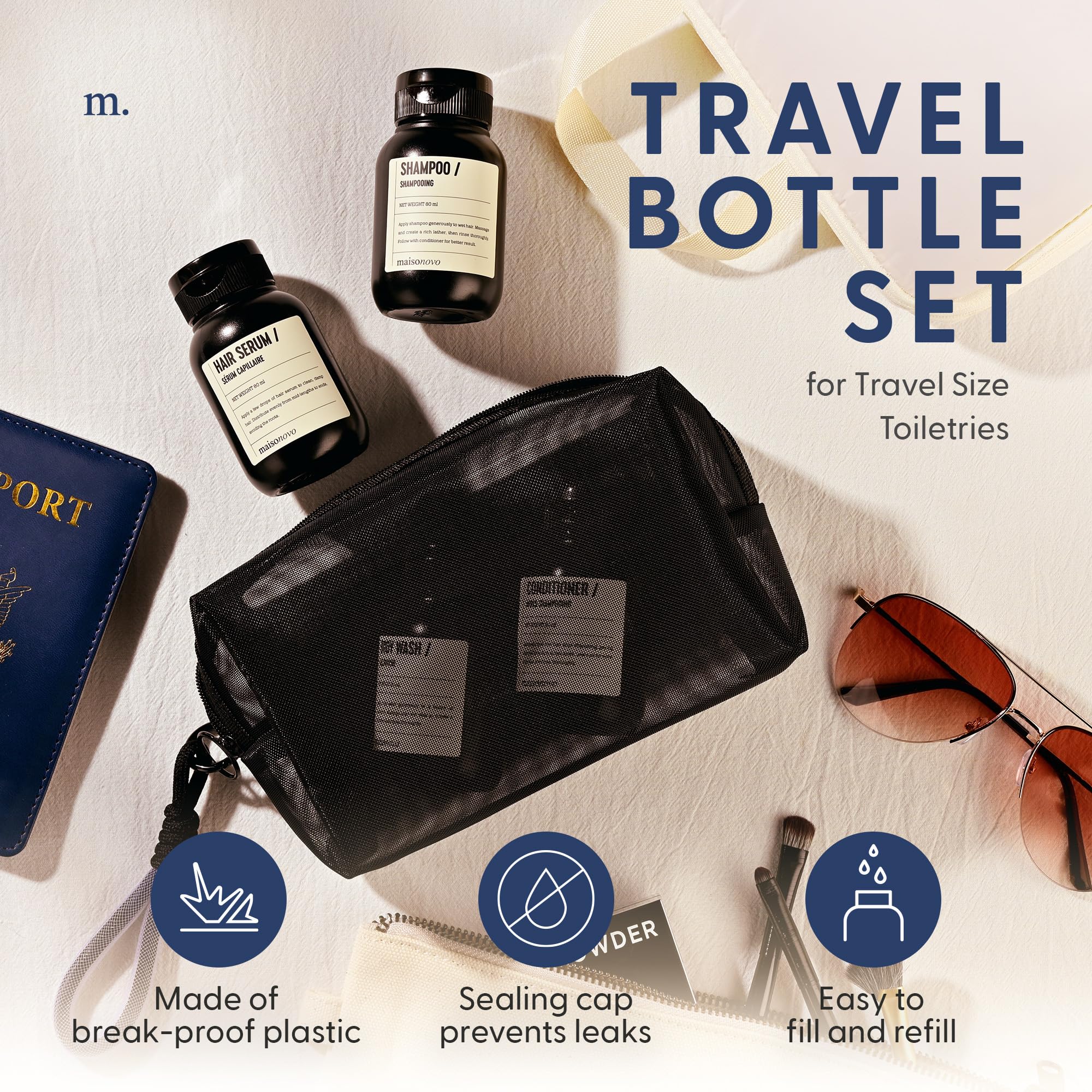 MAISONOVO TSA Approved Leak Proof Travel Bottles Set - Refillable Toiletry Containers with Waterproof Luxury Bag | Perfect for Air Travel, Vacation & Gym Essentials