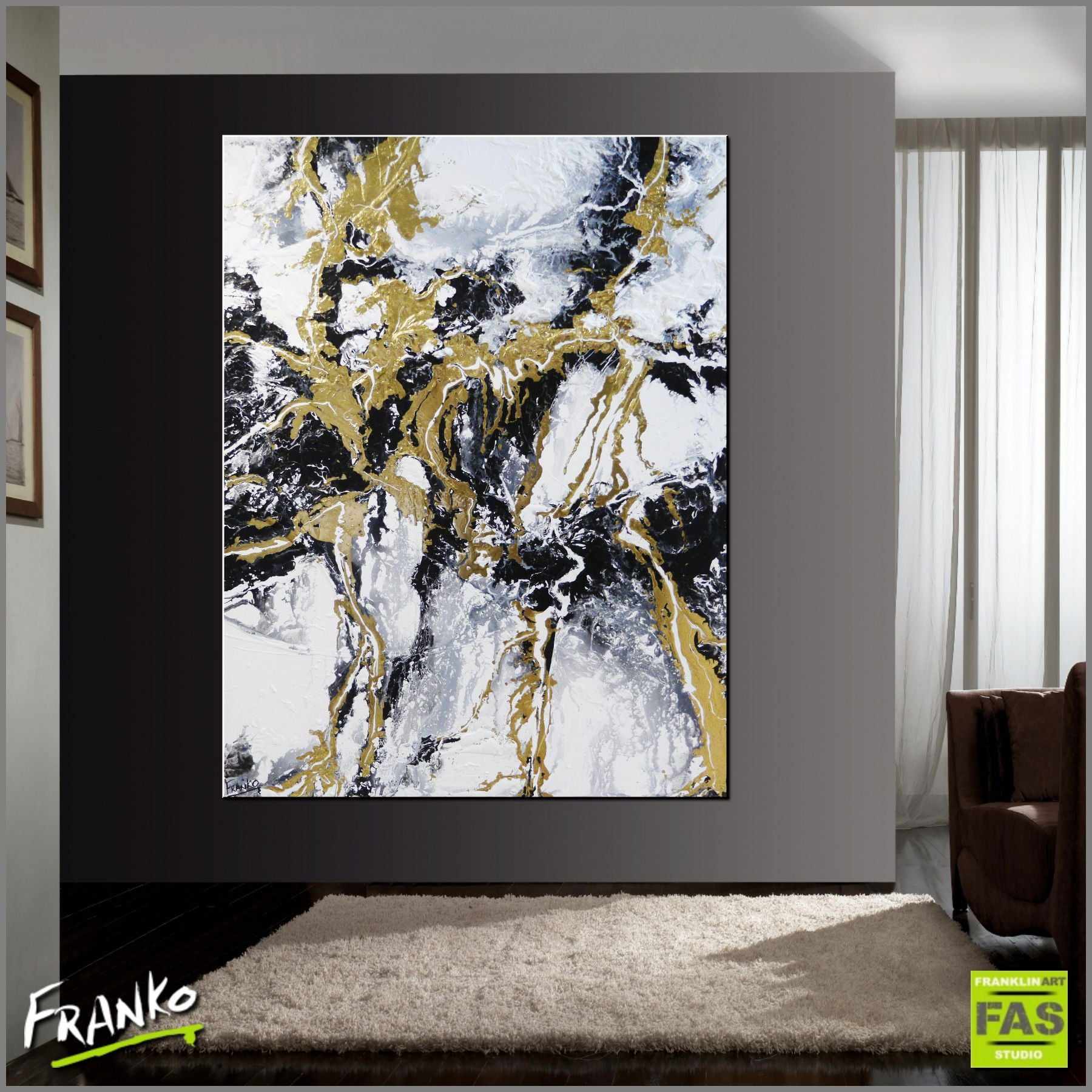 Metallic Gold and White Abstract Painting - 140cm x 180cm Large Canvas Wall Art for Living Room, Bedroom & Office Decor