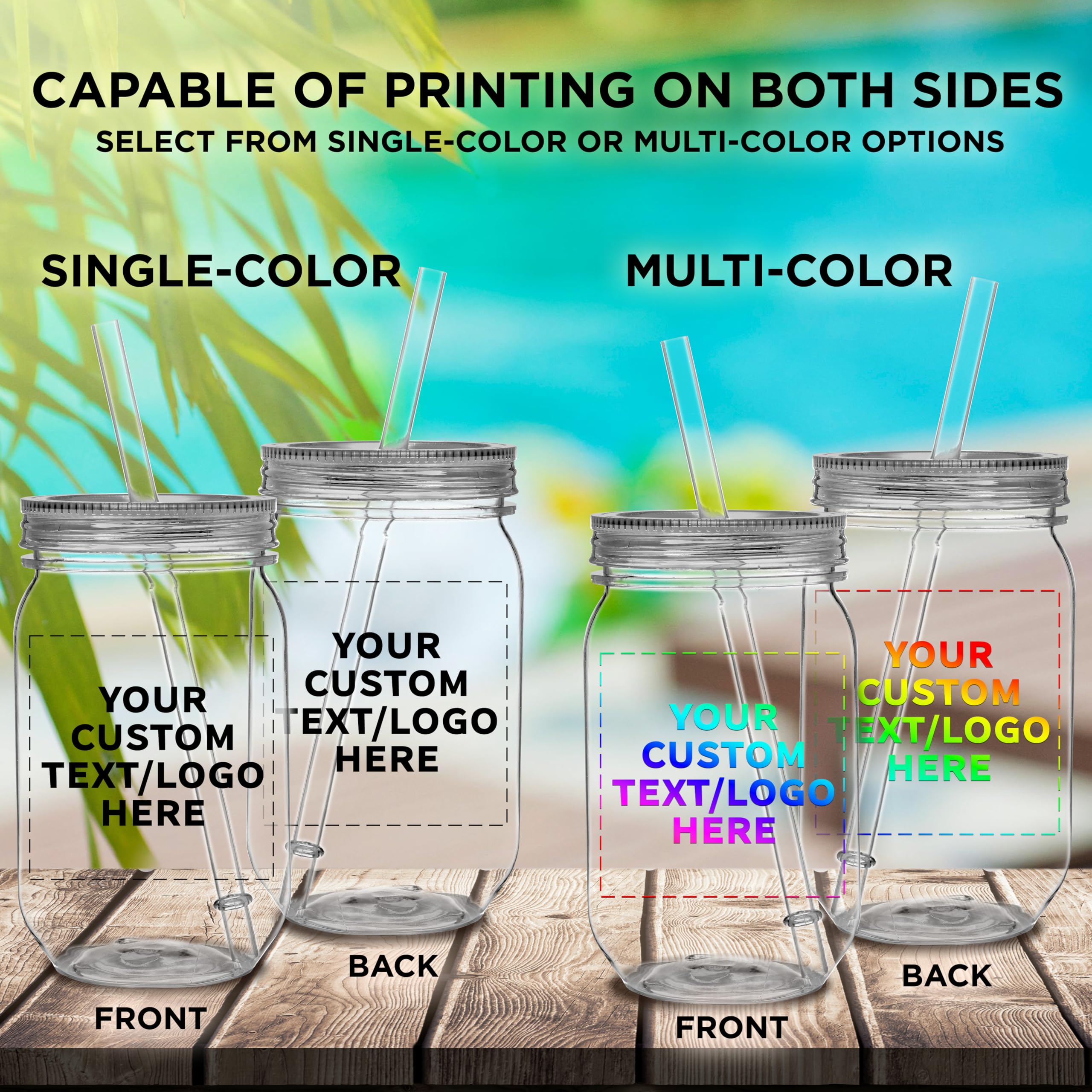 Custom 24 oz Plastic Mason Jars with Straw - Bulk Pack of 50 - Personalized Clear Drinking Jars for Smoothies, Iced Coffee & Beverages - Perfect for Parties, Cafes & Meal Prep Storage