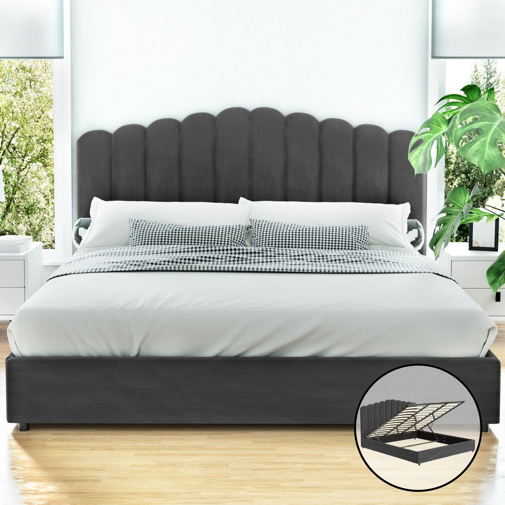 Fion King Velvet Upholstered Storage Bed with Drawers - Grey Queen Size, Modern Platform Bed Frame for Bedroom, Perfect for Small Spaces & Guest Rooms