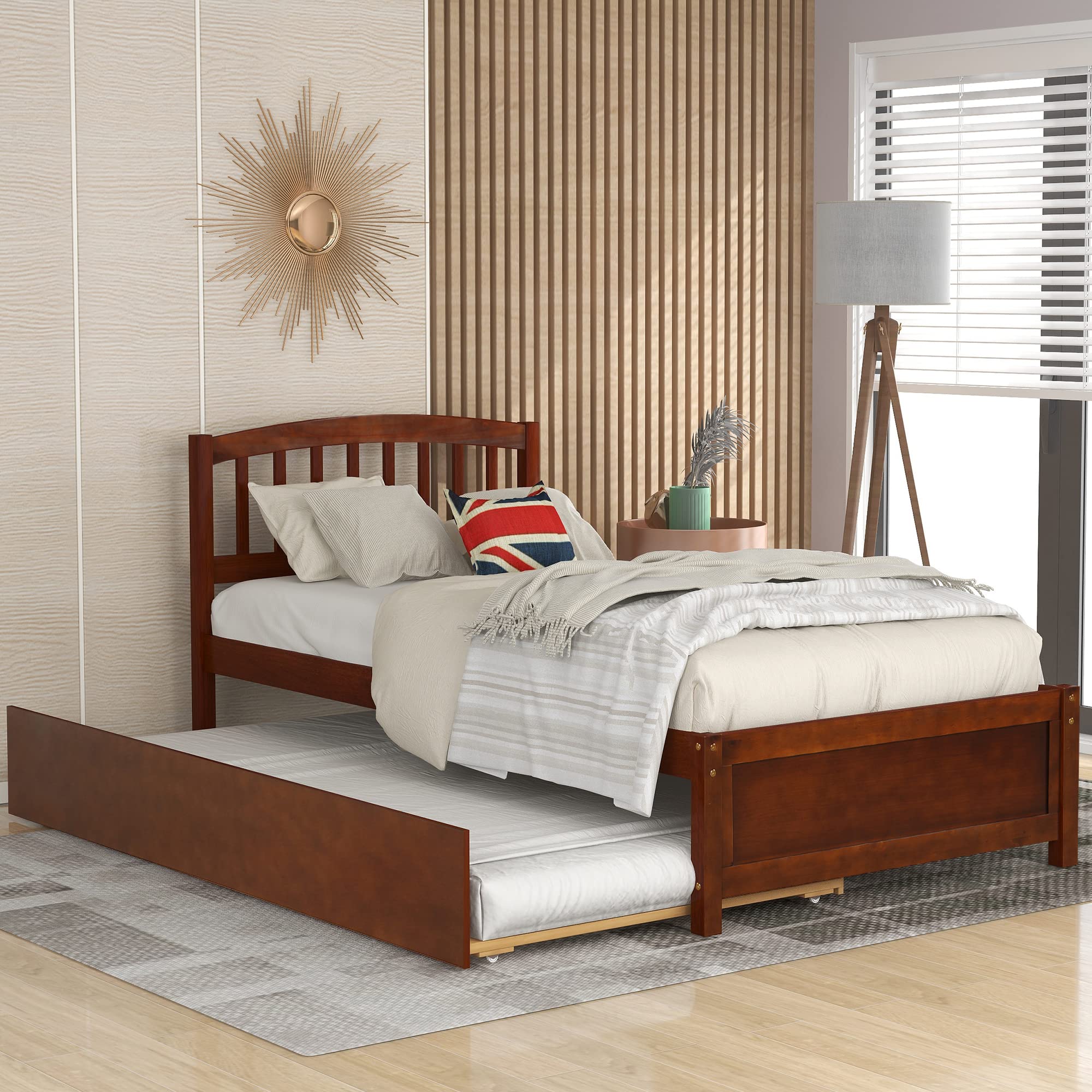 Harper & Bright Designs Solid Wood Twin Size Platform Bed Frame with Pull Out Trundle and Headboard - Walnut Finish, Kids Bedroom Furniture for Small Spaces & Sleepovers