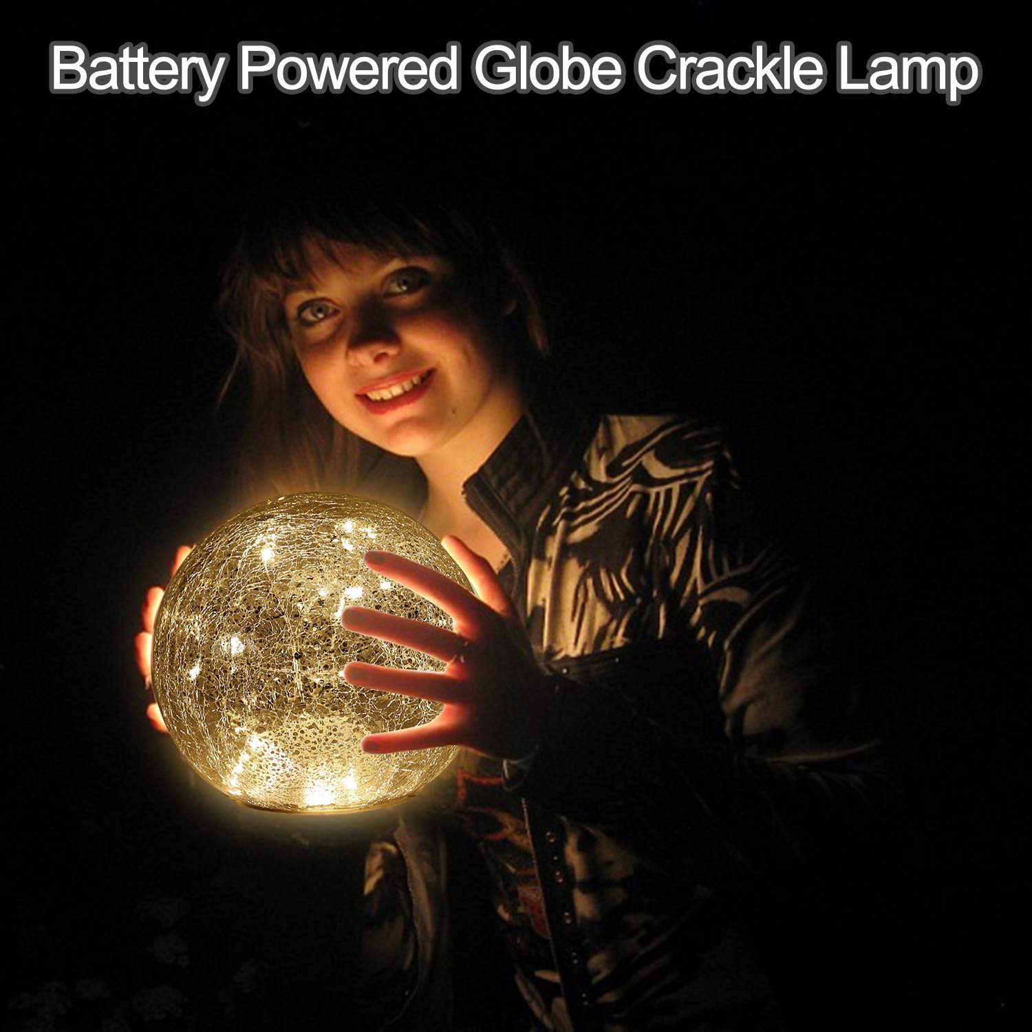 Mercury Crackle LED Glass Globe Ball Lamp - Battery Operated Night Light for Girls, Birthday, Halloween & Christmas Decor - Warm White Decorative Gift for Home, Bedroom, Nursery & Party Decorations