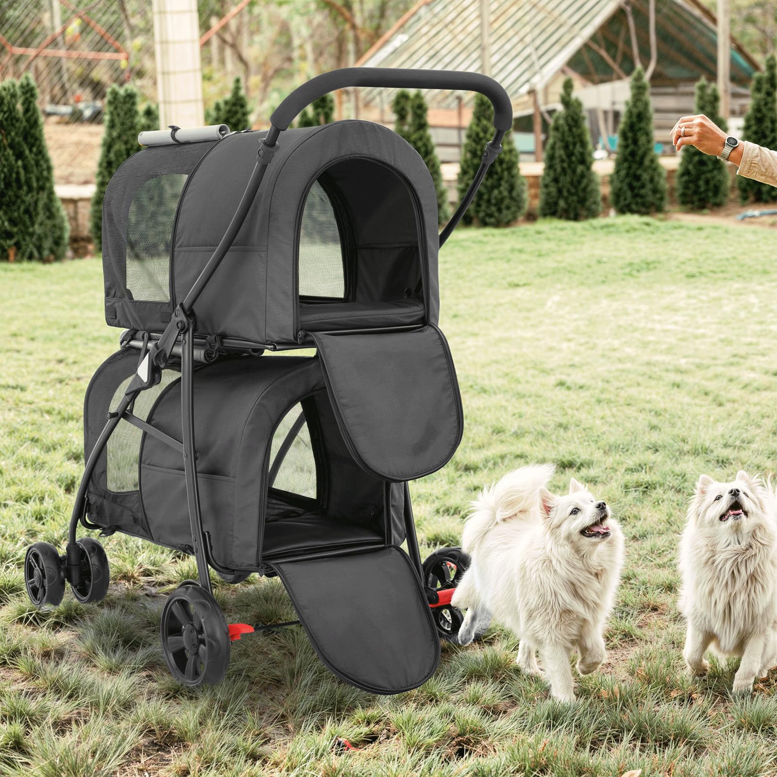 MoNiBloom Double Dog Stroller with Detachable Carrier Bags - Large 4-Wheel Foldable Pet Jogger for Small & Medium Dogs & Cats (Black/Gray) - Perfect for Park Walks, Vet Visits & Outdoor Adventures