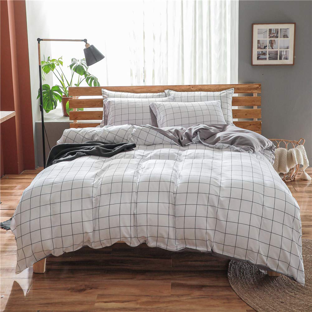 NSNLGSGC Twin Duvet Cover Set - Soft Washed Grid White Bedding for Kids | Lightweight Comforter Cover 2-Piece Set | Perfect for Children's Bedrooms, Dorm Rooms & Cozy Sleep