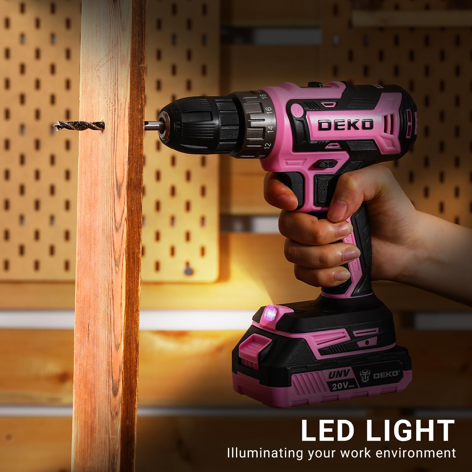 DEKO PRO 20V Pink Cordless Drill Set - Electric Power Drill Driver Kit with Battery & Charger | Lightweight & Ergonomic Design for Women | Perfect for DIY Projects, Home Repairs & Woodworking
