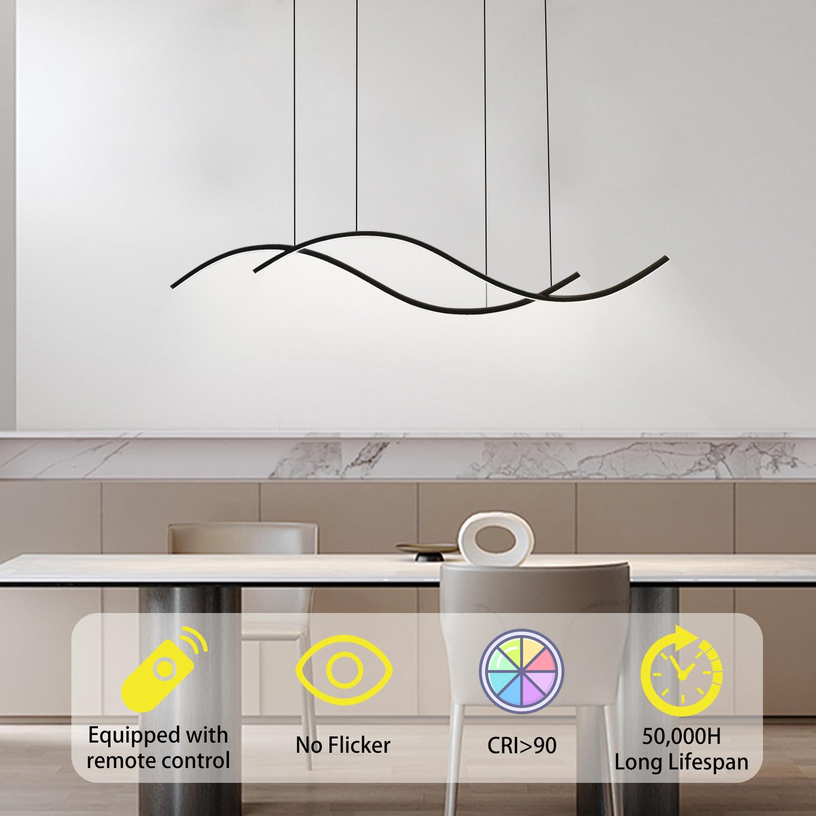 Dimmable Black LED Pendant Light - Modern Wave Chandelier for Kitchen Island, Dining Room & Bedroom | Energy-Efficient Hanging Light Fixture for Table, Counter & Living Spaces