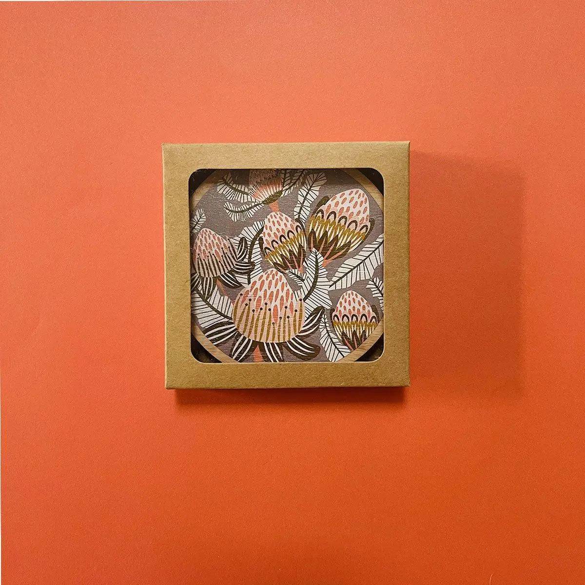 Bush Proteas Australian Wooden Coaster Set - 4-Piece Natural Wood Drink Coasters for Home & Bar Decor - Perfect for Protecting Tables from Hot & Cold Beverages