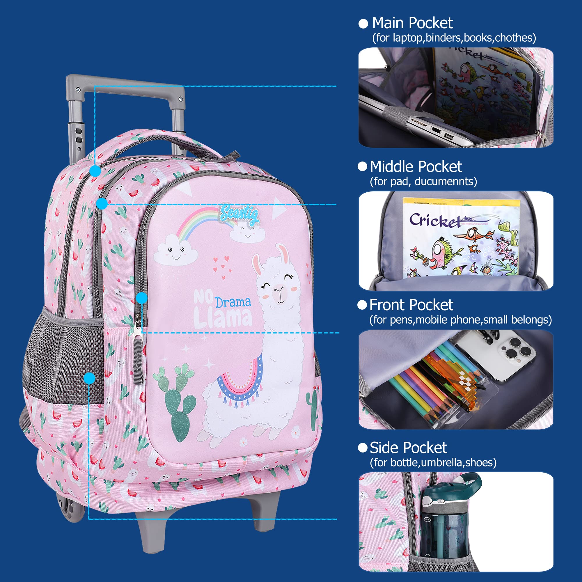 Seastig 18 Inch Kids Rolling Backpack with Double Handle & Wheels - Durable Wheeled School Backpack for Boys and Girls, Perfect for Travel, School, and Daily Use
