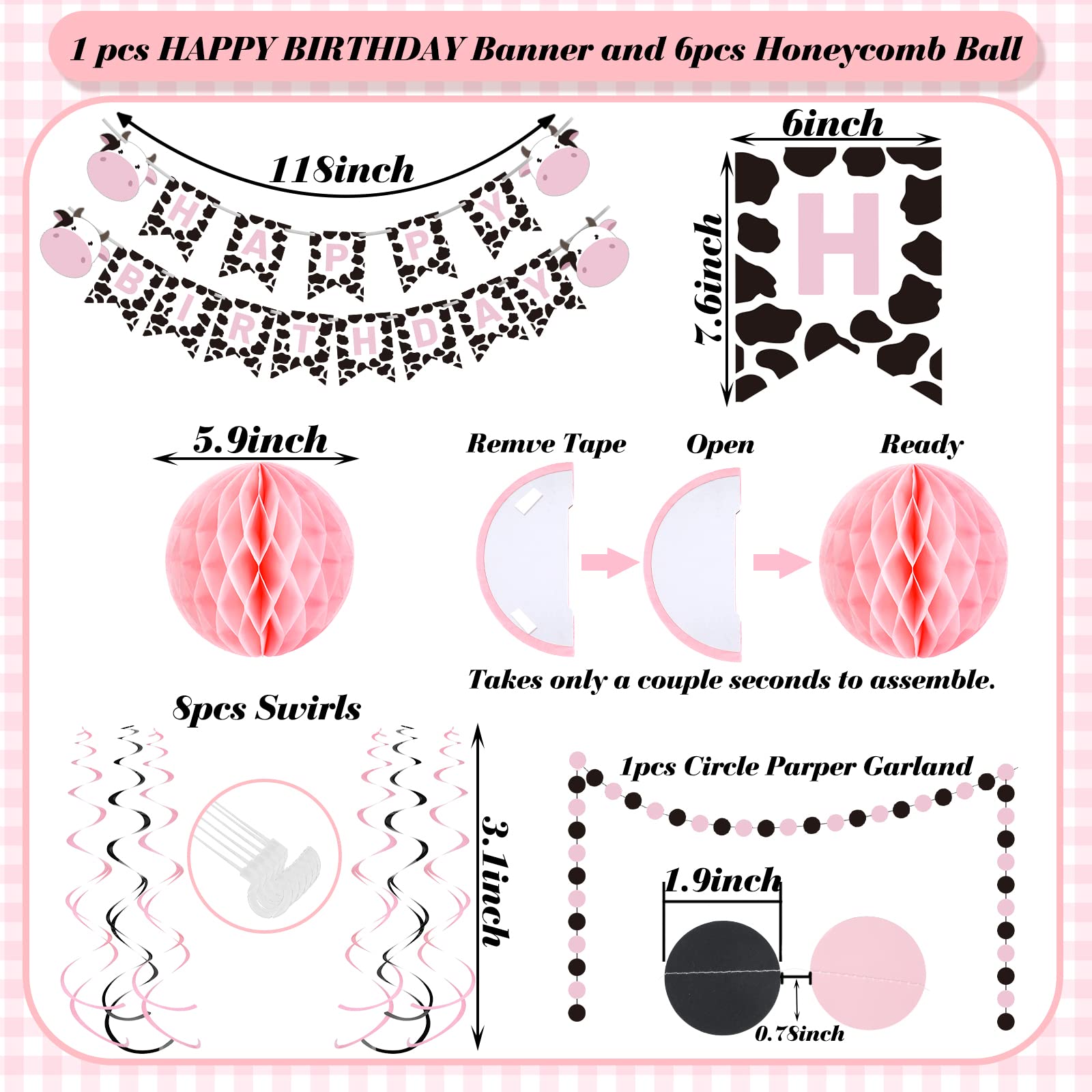 Pink Cow Themed Party Decorations Supplies - Happy Birthday Banner, Hanging Swirls, Round Paper Garland, Honeycomb Balls for Baby Showers, Kids Birthday & Farm Animal Ceiling Decor