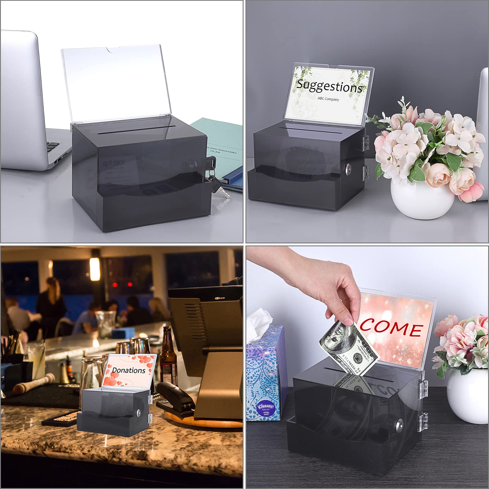 BTSKY Lockable Acrylic Suggestion Box with Sign Holder - Clear Black Donation Collection Box for Office Voting, Ballots & Mail - Secure Removable Slot for Signs & Documents | Ideal for Offices, Schools & Community Centers