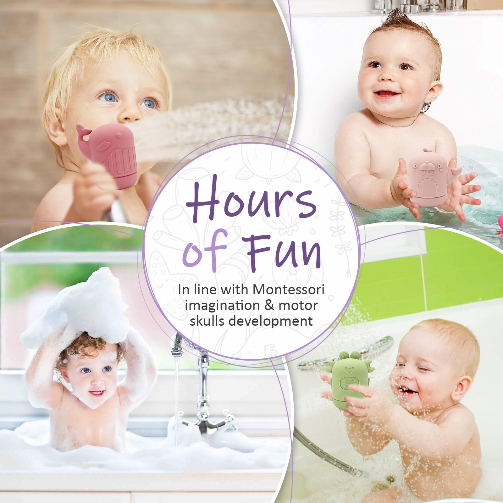 **Iselyn 4-Pack Non-Toxic Silicone Baby Bath Toys for Toddlers 1-3 Years – Marine Animal Shapes, Mold-Free & Dishwasher Safe – Fun Bathtime Learning for Kids**    *(Perfect for Sensory Play, Early Learning, and Making Bath Time Enjoyable!)*