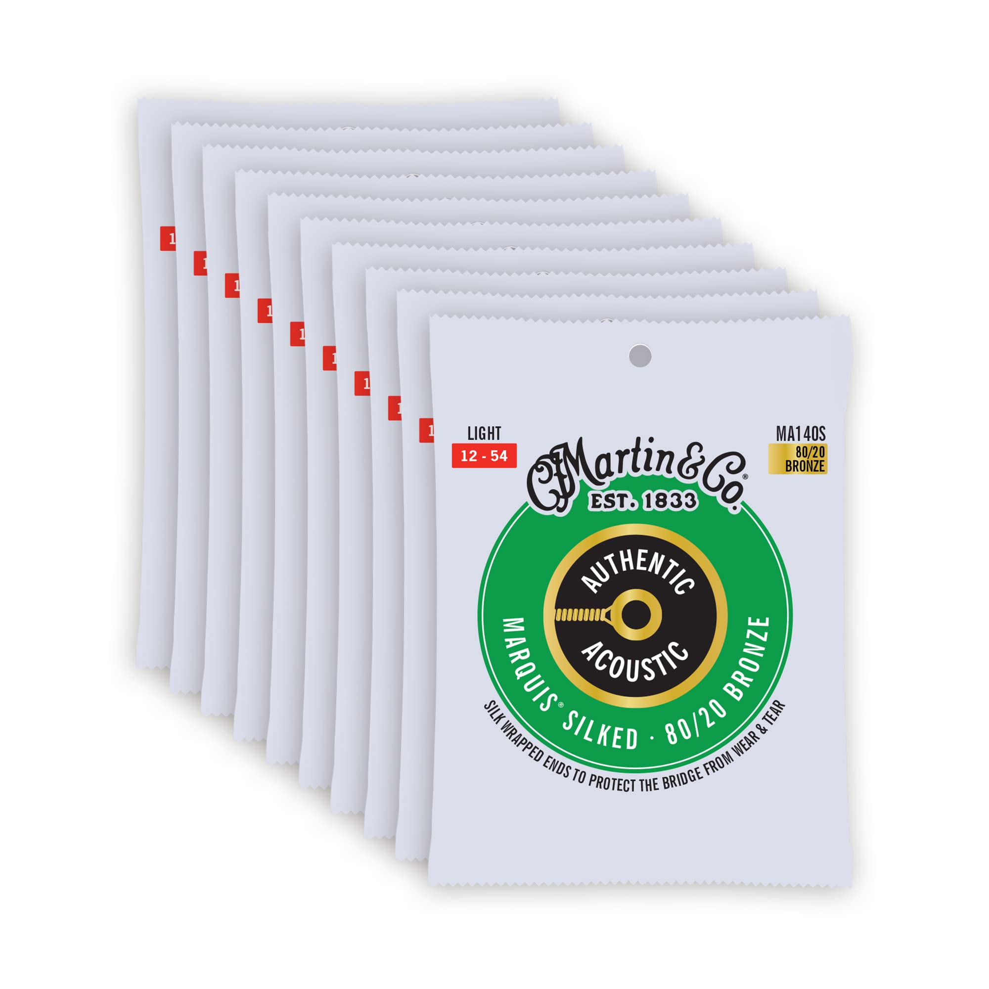 Martin MA140S Authentic Acoustic Guitar Strings - 80/20 Bronze Light 12-54 Gauge (10-Pack Bundle) for Folk, Country & Fingerstyle Playing