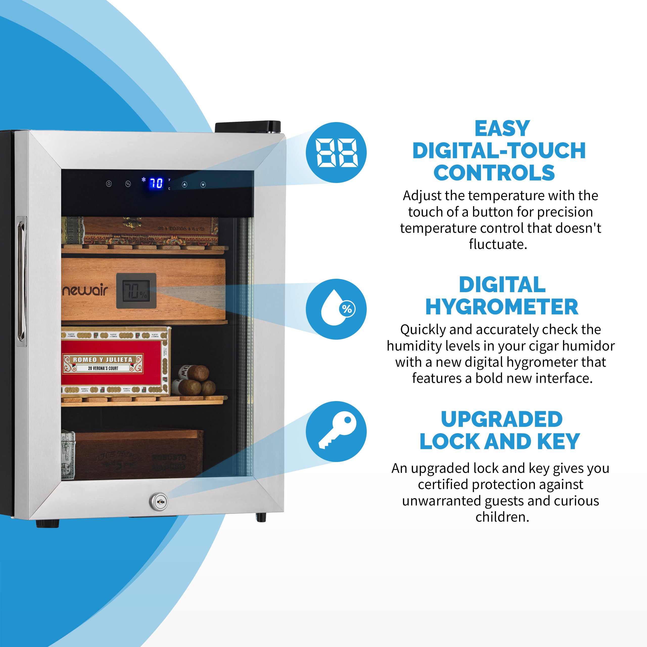 Newair® 250-Count Electric Cigar Humidor - Digital Temperature & Humidity Control for Premium Cigar Storage | Perfect for Home, Office, or Man Cave