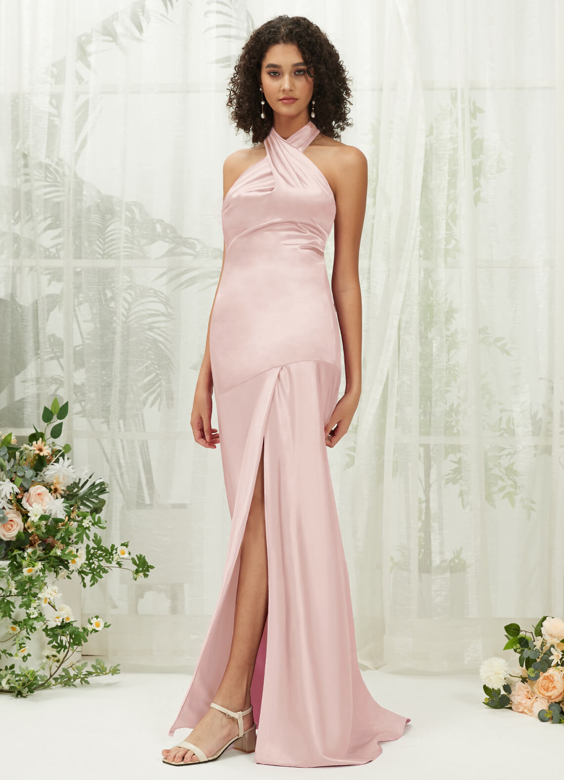Elegant Blush Satin Halter Neck Sleeveless Maxi Bridesmaid Dress with High Slit - Perfect for Weddings, Proms & Formal Events
