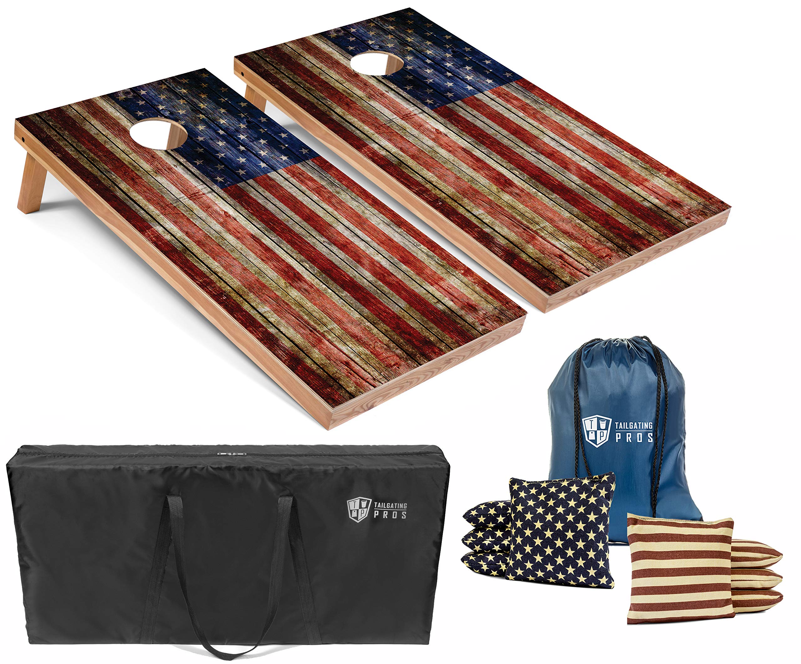 Premium American Flag Wooden Cornhole Board Set with 8 Bean Bags & Carrying Case - Regulation 4'x2' Size for Backyard, Tailgate Parties & Outdoor Games - Perfect for BBQ, Camping & Family Gatherings