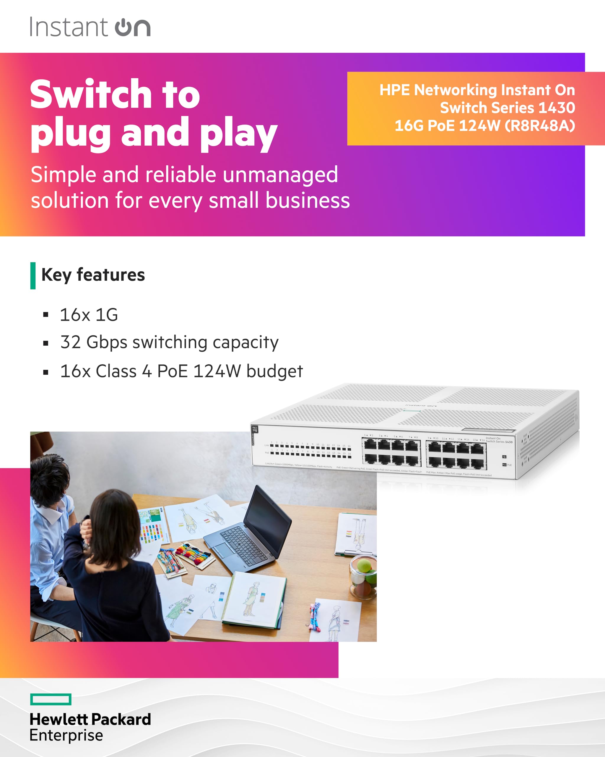 HPE Networking Instant On 1430 16-Port Gigabit Unmanaged Layer 2 Ethernet Switch with PoE | 16x 1G Ports | 16x Class 4 PoE (124W) | Fanless Design | US Power Cord (R8R48A#ABA) - Ideal for Small Business Networks, Office Connectivity & Smart Home Device Powering