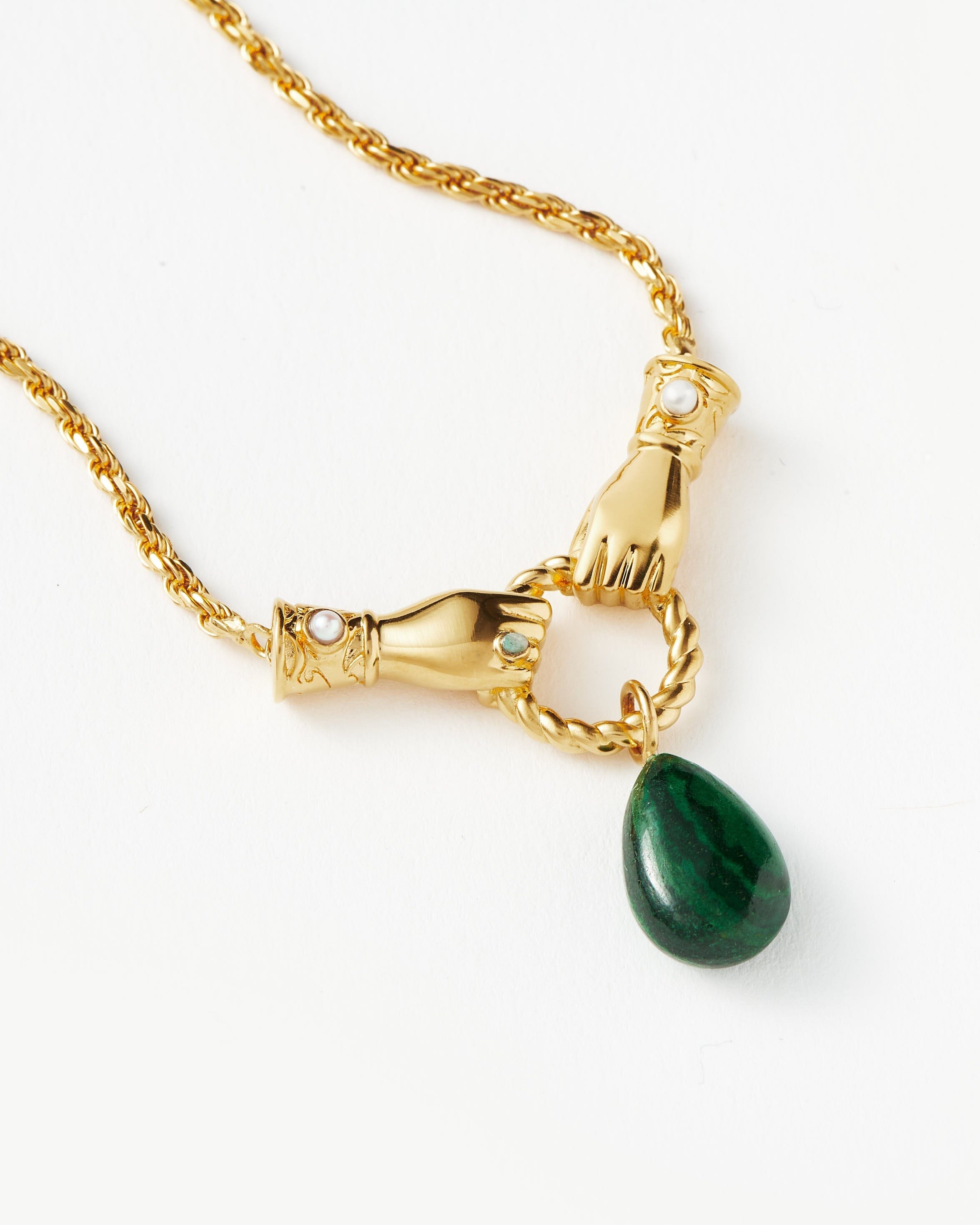 Harris Reed In Good Hands Drop Pendant Necklace - 18k Gold Plated Malachite & Pearl Statement Jewelry for Women | Elegant Gift for Birthday, Anniversary & Special Occasions