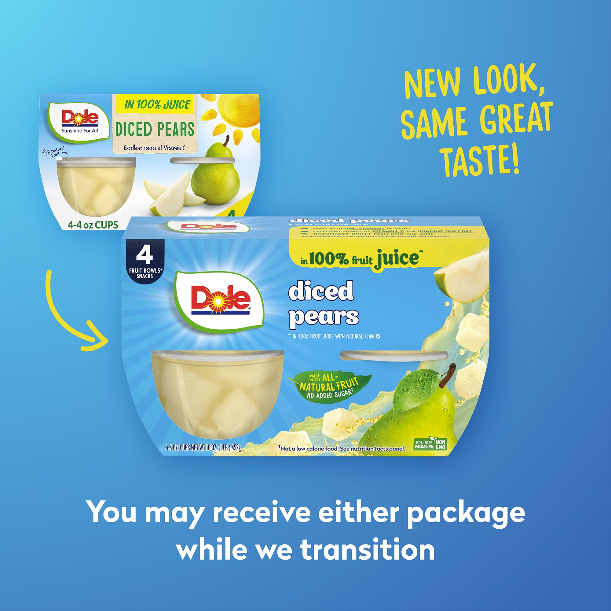 Dole Fruit Bowls Diced Pears in 100% Fruit Juice, 4oz (24 Cups) - Gluten Free, Dairy Free, Healthy Snacks for Kids & Adults - Perfect for School Lunches, Office Snacks & On-the-Go Nutrition