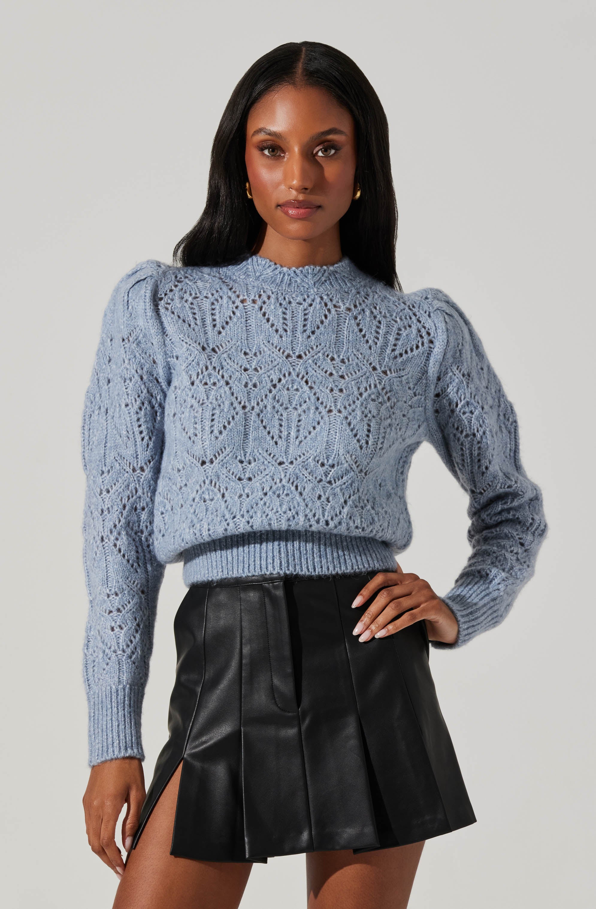 Evy Pointelle Puff Sleeve Sweater - Women's Knit Pullover with Lace Detailing for Fall & Winter | Cozy Office Wear & Casual Outfits