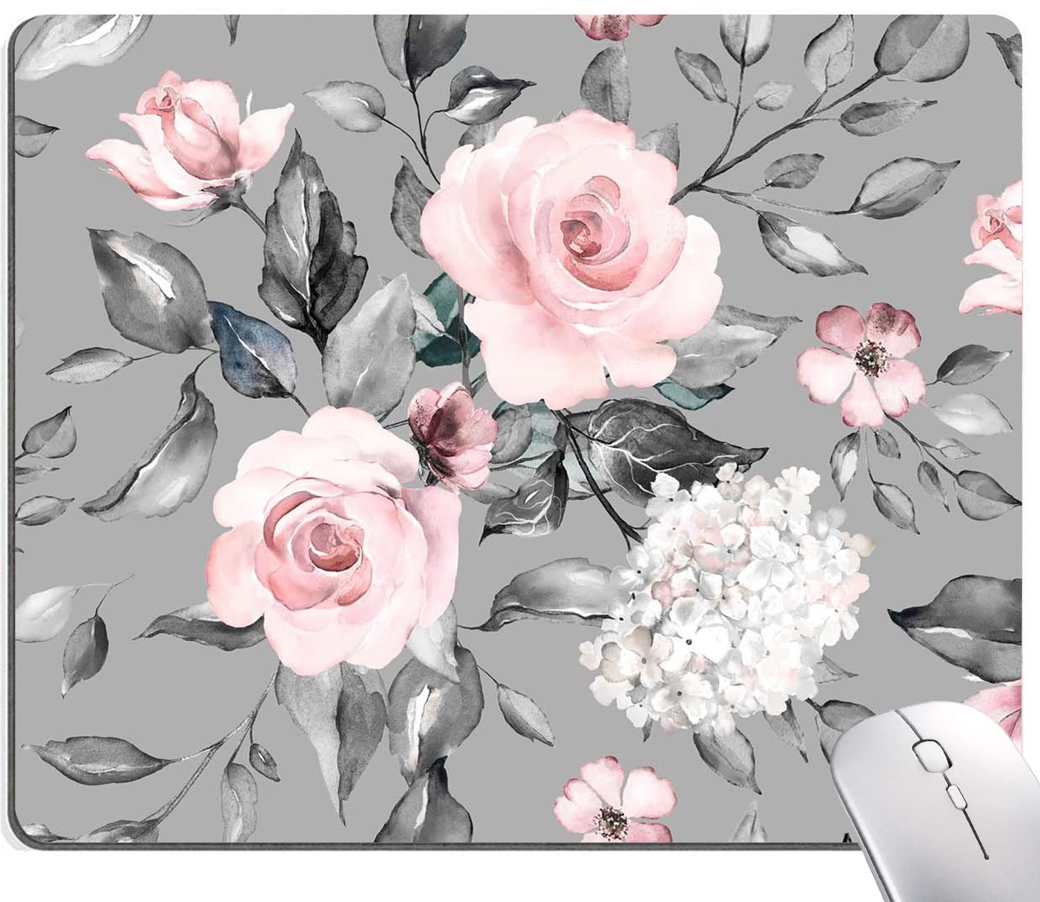 Cute Grey Floral Mouse Pad for Women - Square Waterproof Non-Slip Rubber Base Desk Mat for Office Laptop & Wireless Mouse - Watercolor Flower Design - Perfect for Work, Gaming & Home Office Use