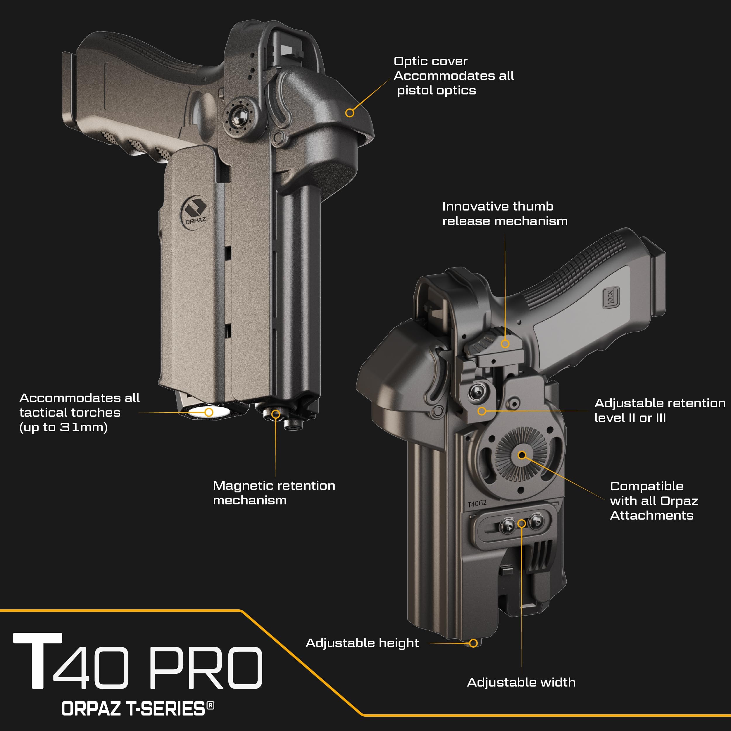 Orpaz T40 Light Bearing Holster - Adjustable Modular Pistol Holster Compatible with Most Handguns, Flashlights, Lasers & Optics | Tactical, Concealed Carry & Range Use