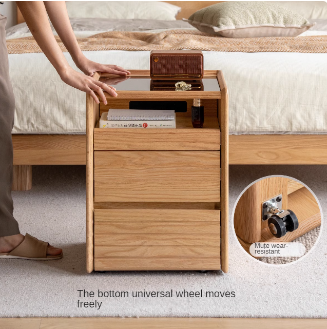 Solid Oak Wood Nightstand with Glass Top - Modern Movable Bedside Table for Bedroom, Living Room, or Office