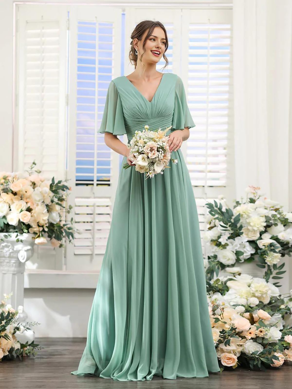 Elegant A-Line V-Neck Chiffon Bridesmaid Dress with Thigh Slit - Formal Wedding Guest & Party Gown - Perfect for Evening Ceremonies, Cocktail Parties & Special Occasions