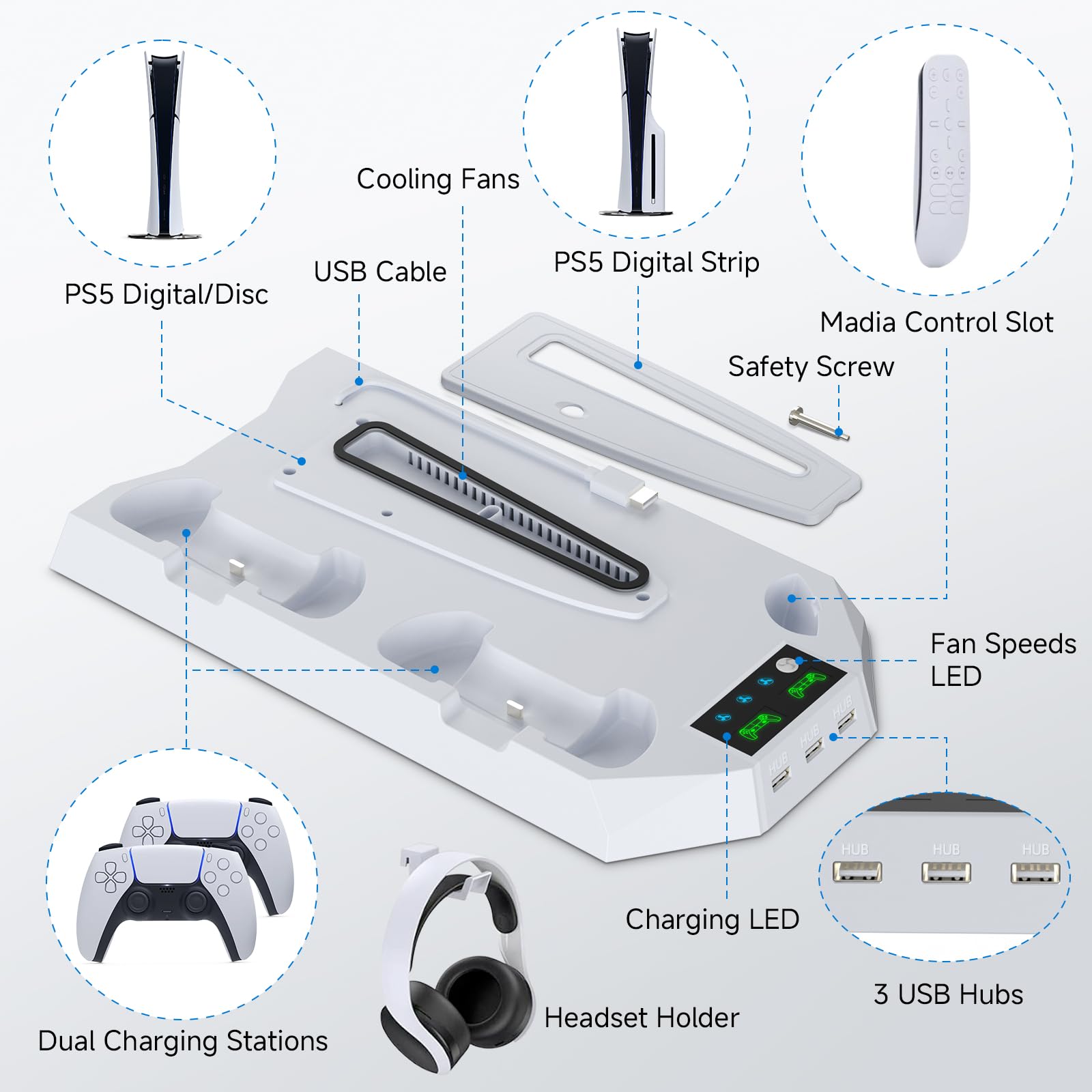 PS5 Cooling Stand with Turbo Fan & Dual Charging Station - Vertical Stand for PS5 Pro/Slim & Digital/Disc Edition - Includes Headset Holder - Perfect for Gaming Sessions & Console Protection (White)