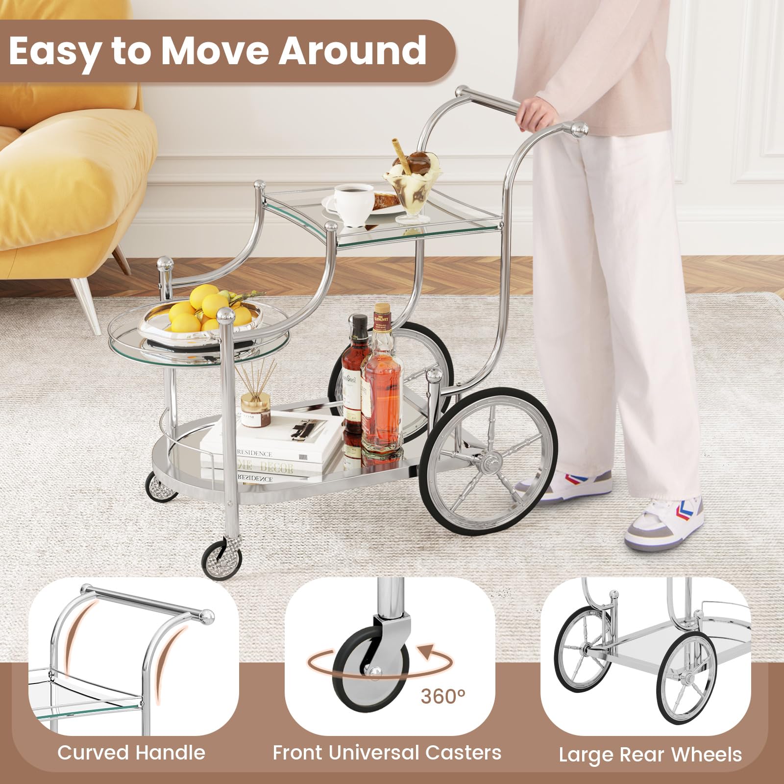 COSTWAY 3-Tier Glass Rolling Bar Cart with Locking Wheels - Mobile Serving Cart for Wine, Tea & Beverages - Perfect for Home, Hotel, Club & Party Use