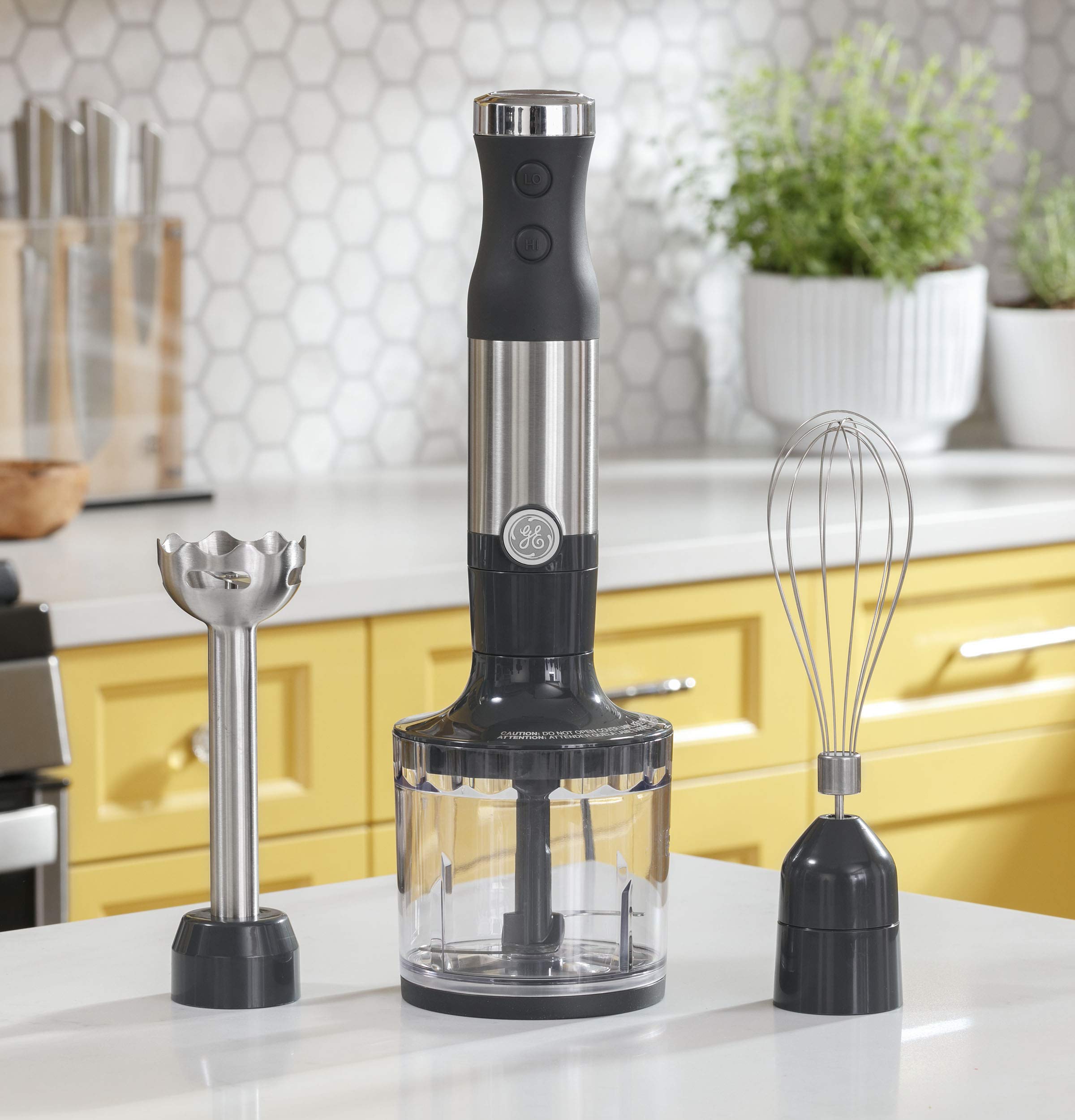 GE Immersion Blender 500W - 2-Speed Handheld Blender with Whisk & Blending Jar - Stainless Steel Shaft for Smoothies, Baby Food, Soups & Baking - Easy Clean Interchangeable Attachments - Perfect for Kitchen, Restaurant & Home Use
