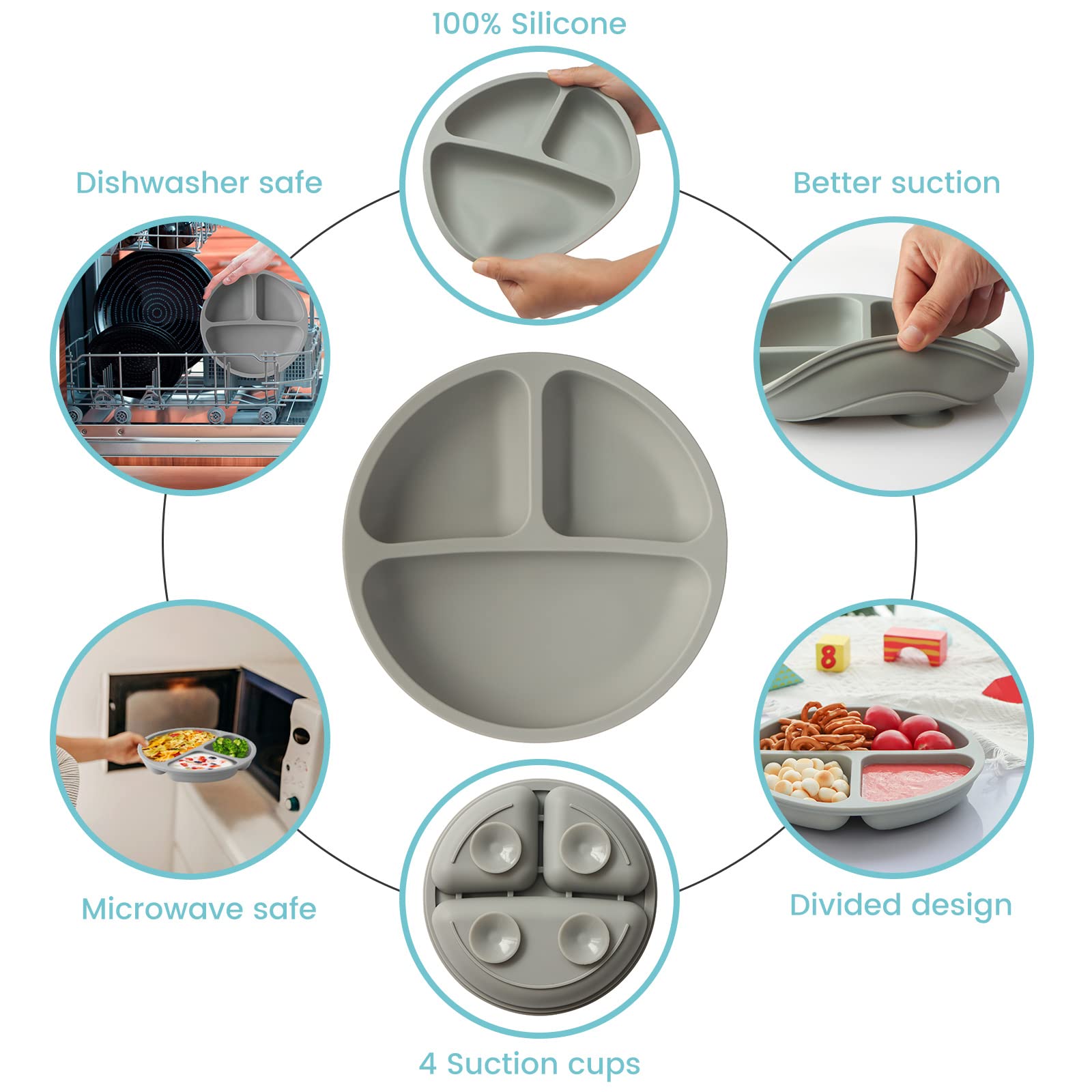 BPA-Free Divided Silicone Plates for Toddlers - 3-Pack Dishwasher, Microwave & Oven Safe Kids Plates with Suction Base | Perfect for Baby-Led Weaning, Daycare & Family Mealtime