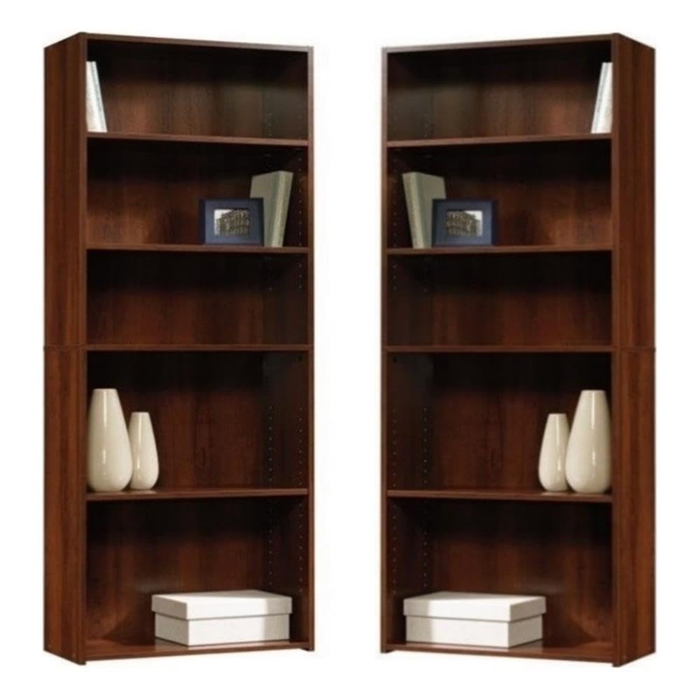 Home Square 5-Shelf Engineered Wood Bookcase Set in Brook Cherry (Set of 2) - Sturdy Bookshelf for Living Room, Office & Bedroom Storage