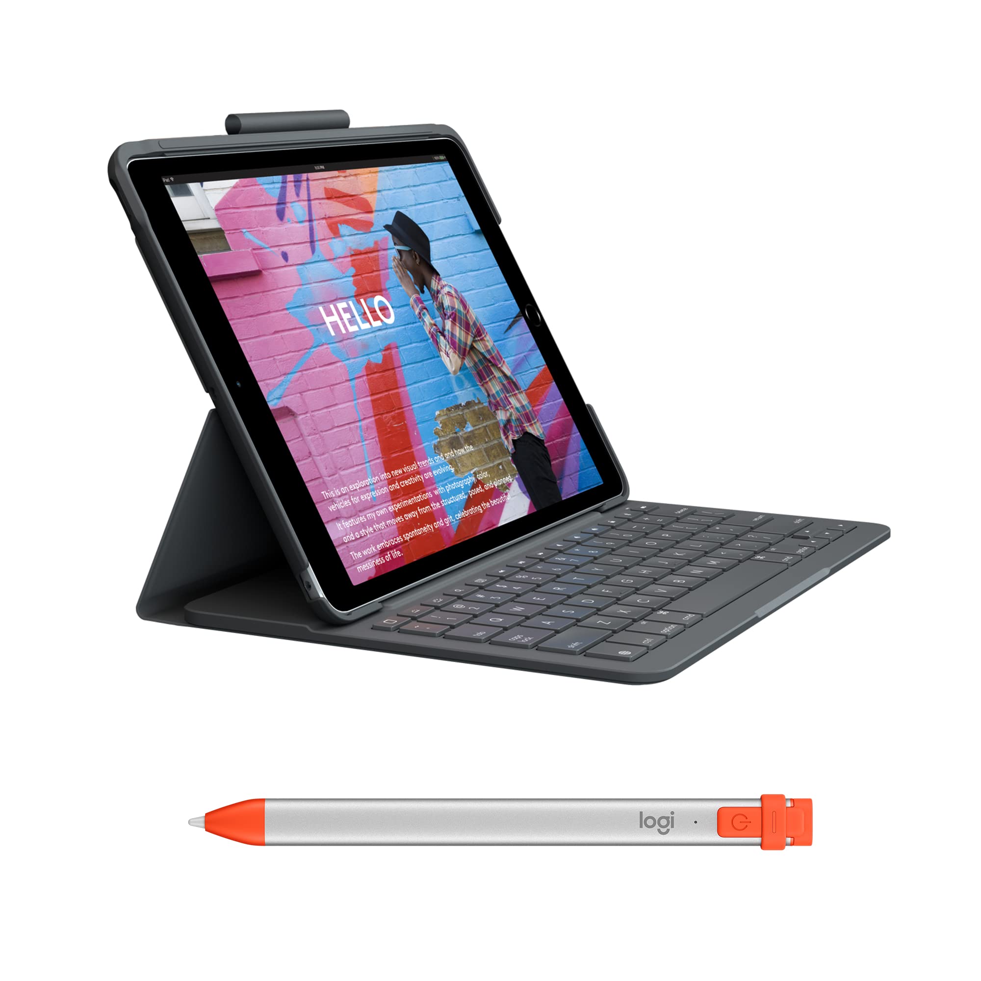 Logitech Slim Folio Keyboard Case for iPad 7th/8th/9th Gen (2019-2021) with Crayon Orange Stylus - Compatible with All iPads (2018 & Later Models) - Perfect for Work, Study & Creative Projects