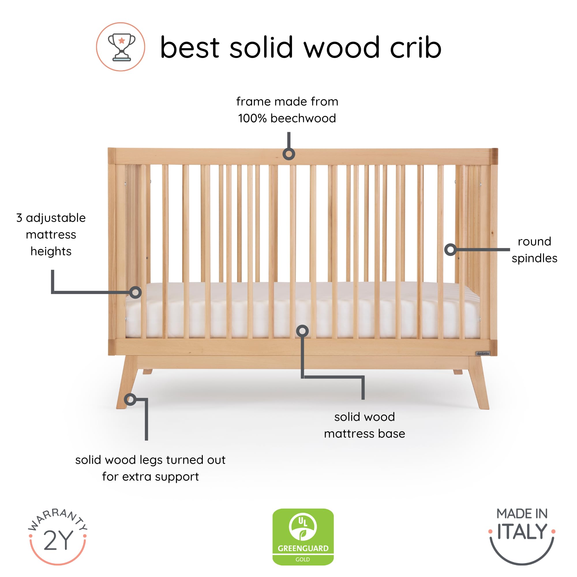 **Soho 3-in-1 Convertible Wooden Crib to Toddler Bed – GREENGUARD Gold Certified, Non-Toxic Baby-Safe Finish, Sustainable Beech Wood, Modern Nursery Design, 3 Adjustable Heights (Natural) – Made in Italy | Perfect for Newborns, Infants & Toddlers in Eco-Friendly Nurseries**