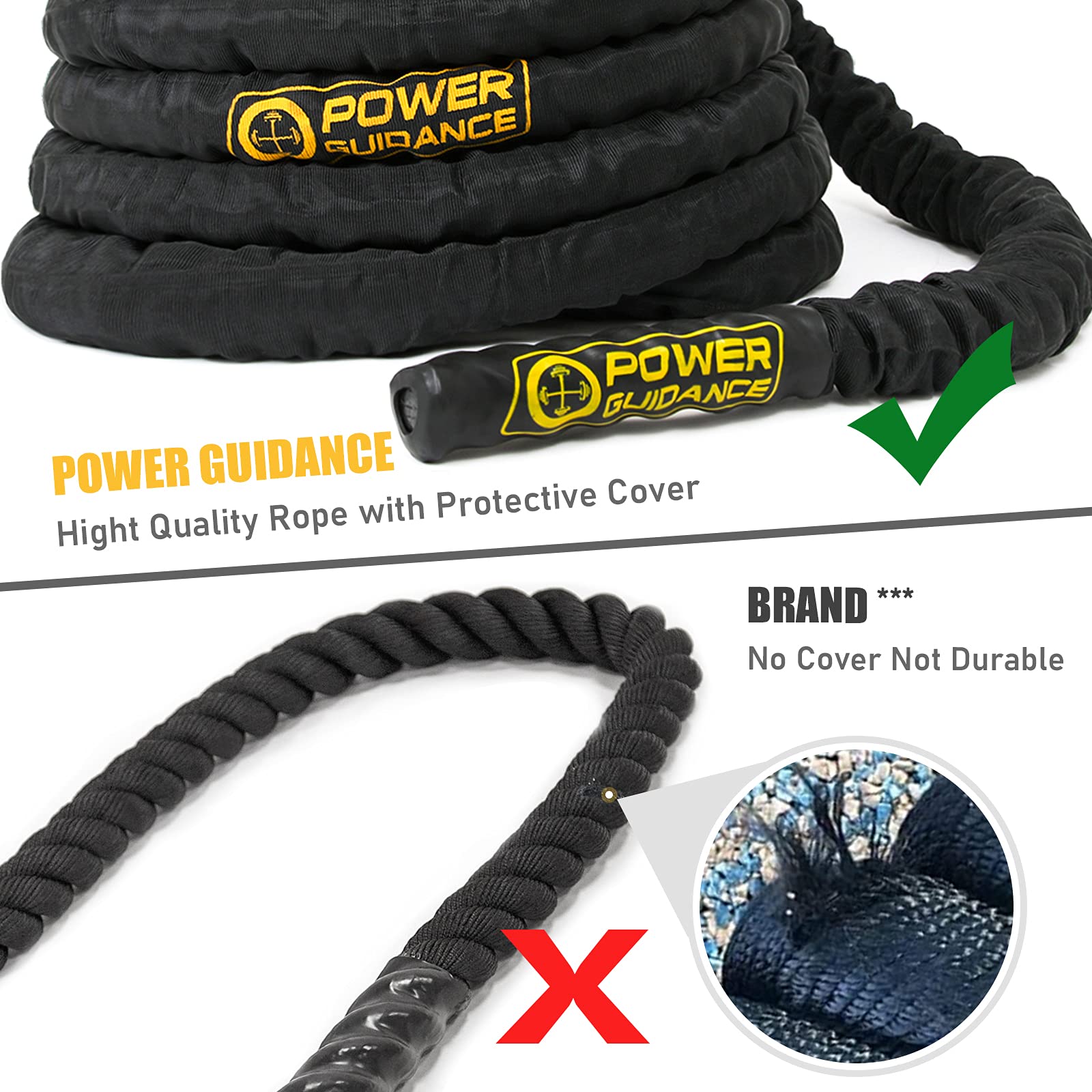 POWER GUIDANCE Battle Rope - 1.5/2 Inch Thick Poly Dacron Rope for Home Gym & Outdoor Workout - 30/40/50Ft Length with Anchor - Perfect for Strength Training, Cardio & CrossFit Exercises