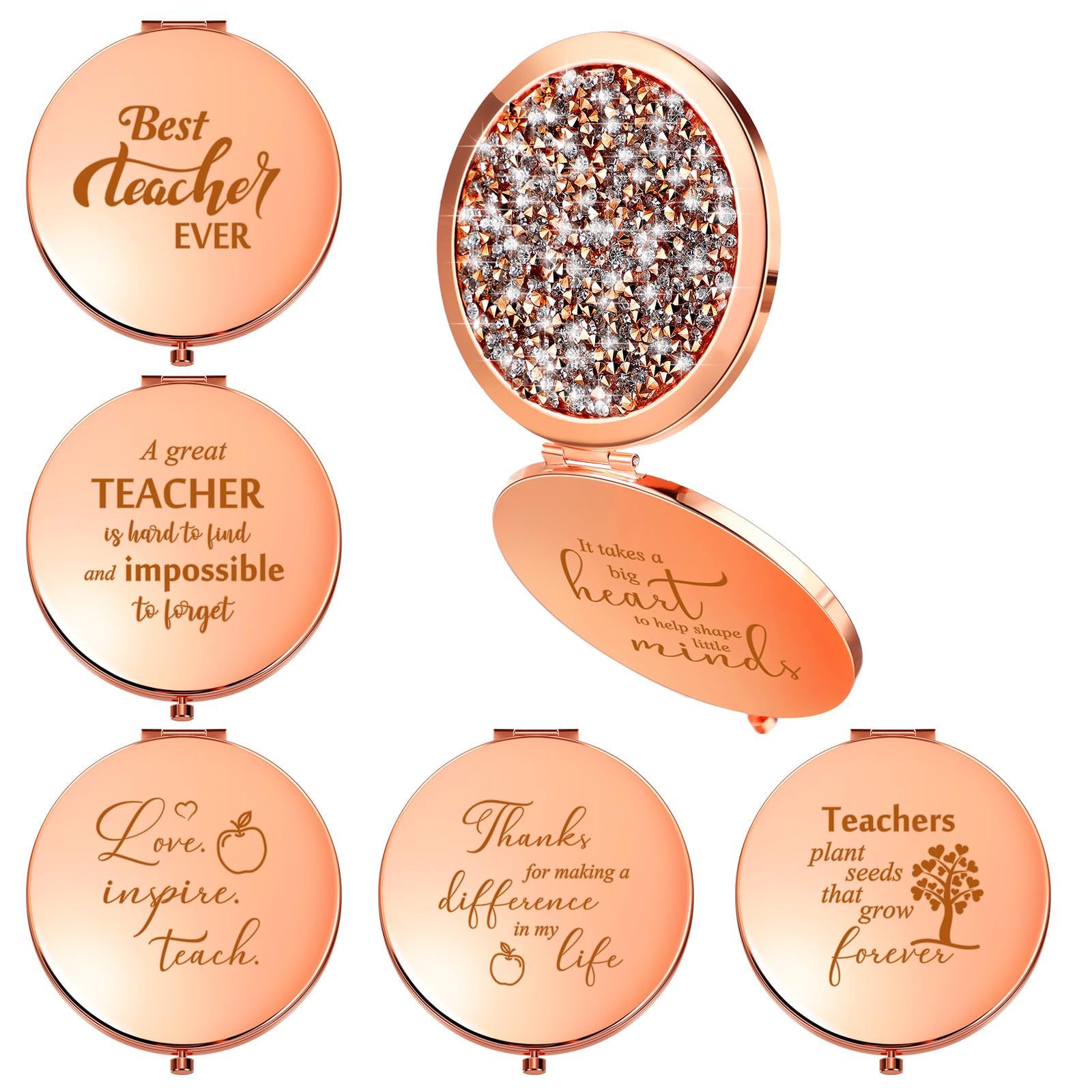 6 Pcs Inspirational Diamond Compact Mirror - Teacher Appreciation Gifts for Women, Travel & Makeup Use