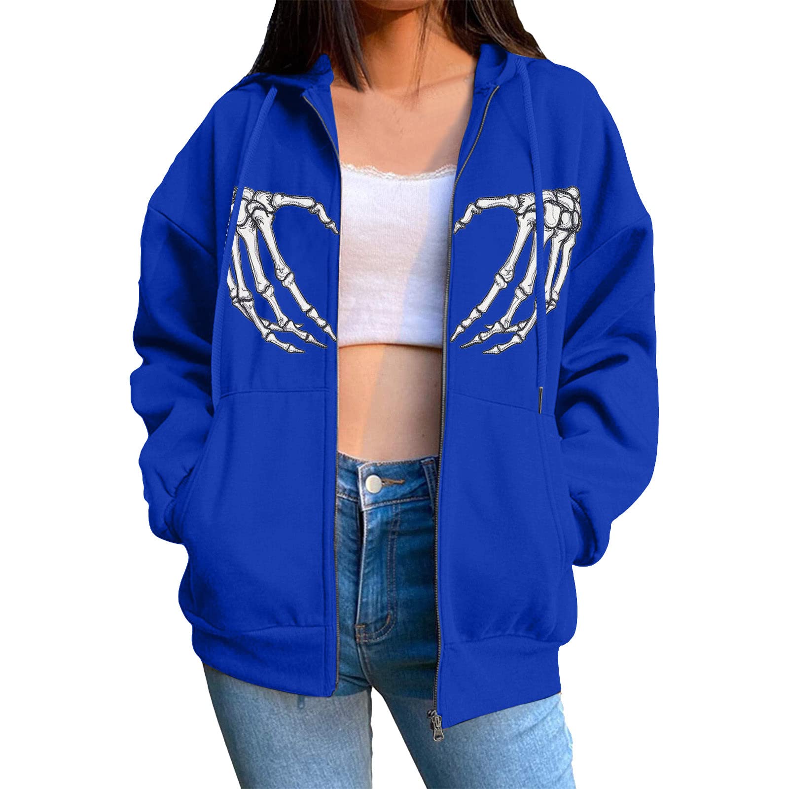 Gothic Print Zip Up Sweatshirt Jacket for Women - No Hood, Drawstring & Pocket - Baggy Oversized Fit for Casual Wear, Street Style & Layering