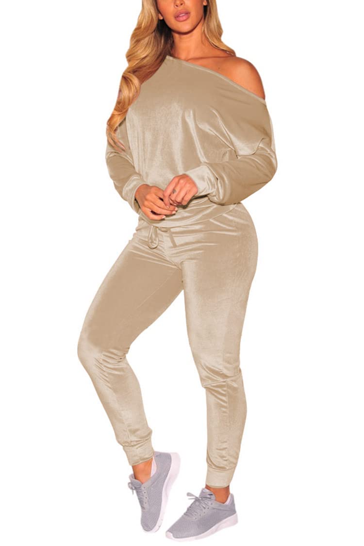Selowin Women's One Shoulder Velvet Jogger Sweatsuit Set - 2 Piece Casual Lounge Outfit for Yoga, Gym, Running & Streetwear Fashion