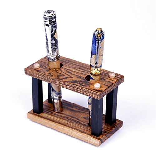 Premium Bocote & Ebony Wood Pen Stand - Handcrafted 2-Pen Display Holder for Fountain Pens, Ballpoints & Calligraphy - Perfect for Office Desk, Writing Station & Gift Giving