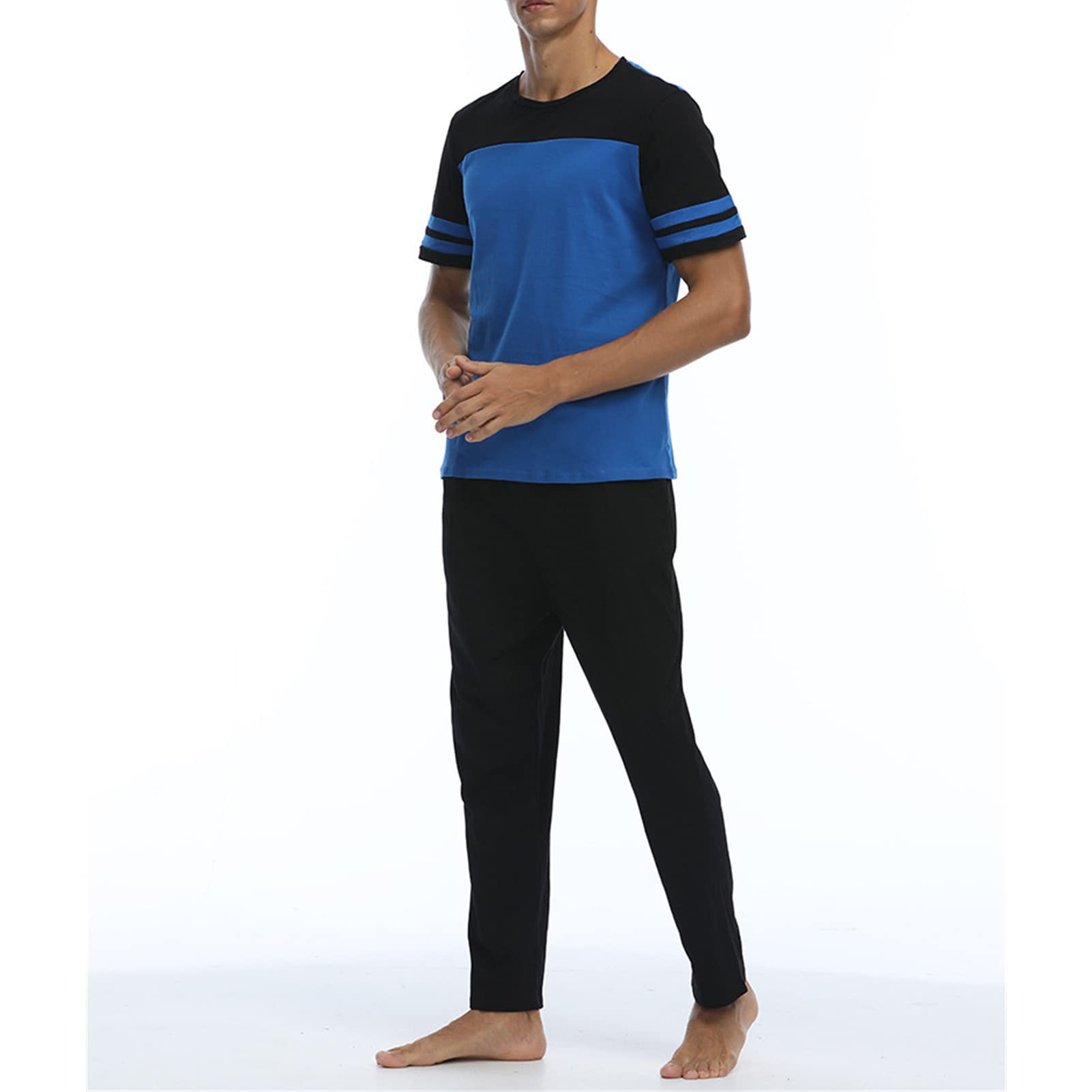 Men's Soft Cotton Pajama Set - Short Sleeve Top & Lounge Pants - 2 Piece Comfy Sleepwear for Night & Relaxing at Home