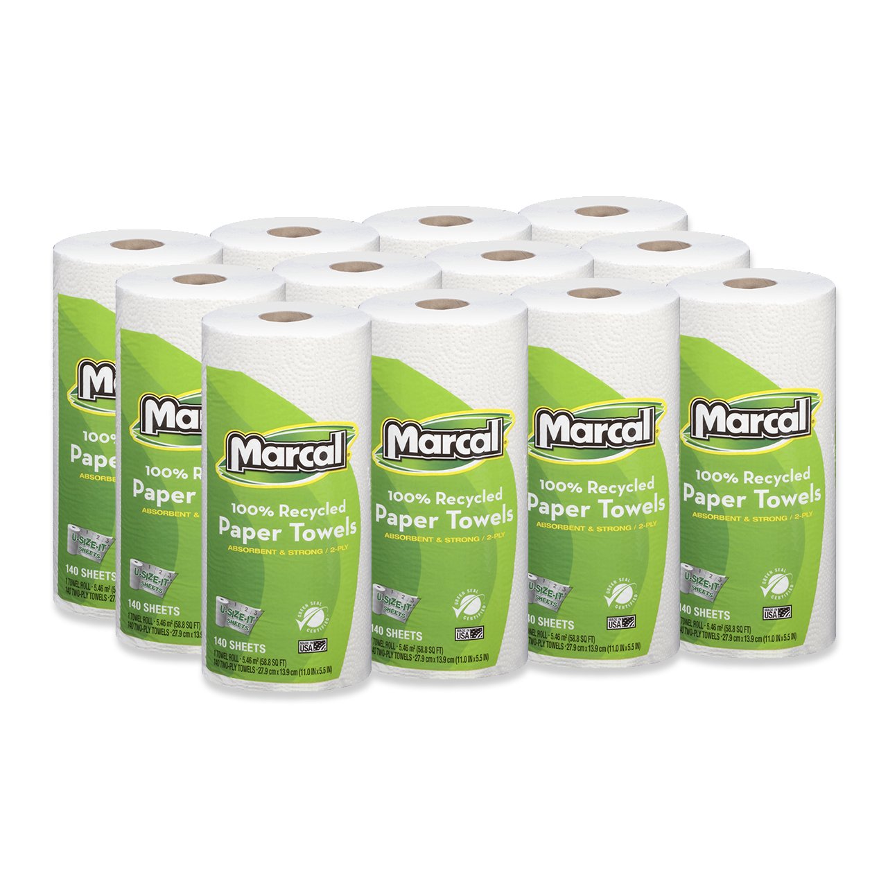 Marcal Green Seal Certified 100% Recycled Paper Towels - 2 Ply, 140 Sheets Per Roll, 12 Rolls Per Case (U-Size-It Sheets) | Eco-Friendly Kitchen & Cleaning Supplies for Home, Office & Commercial Use