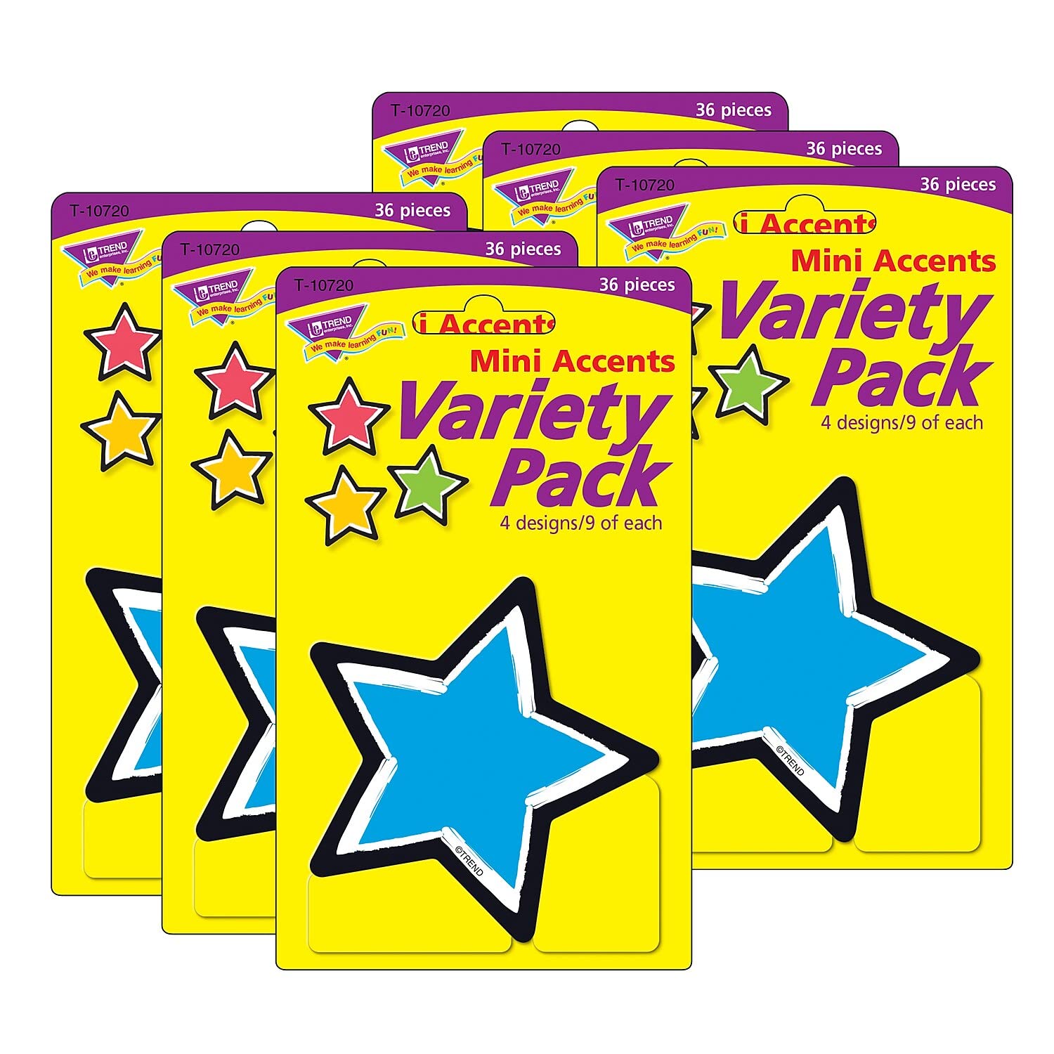 Trendy Bold Strokes Stars Mini Accents Variety Pack - 36 Pieces per Pack, 6 Packs Total (216 Pieces) - Perfect for Classroom Decor, Scrapbooking, and DIY Craft Projects (T-10720-6)