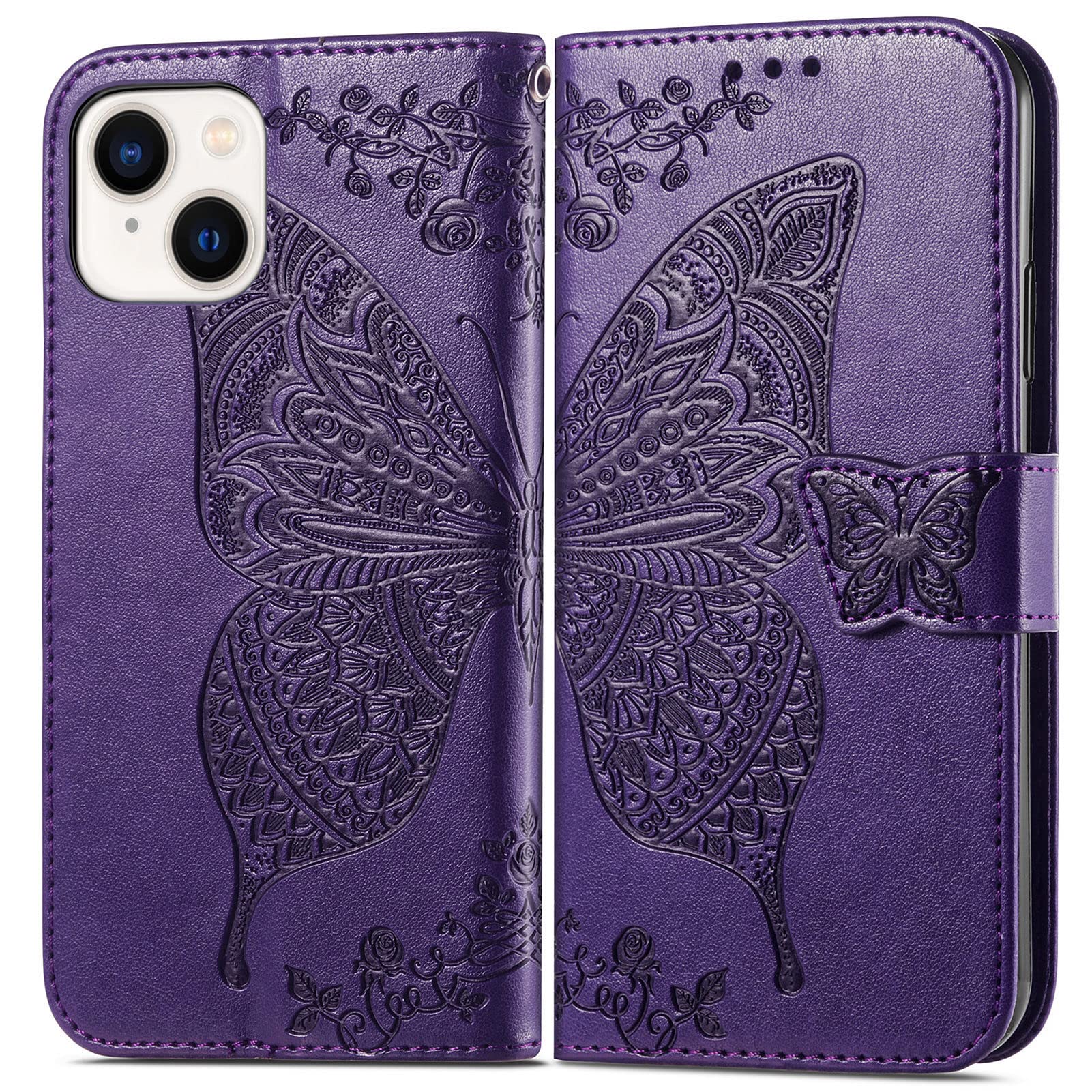 Premium PU Leather Flip Wallet Case for iPhone 15 with Wrist Strap - Credit Card Holder, Kickstand & Embossed Butterfly Flower Design (Purple) | Perfect for Everyday Use, Travel & Hands-Free Convenience