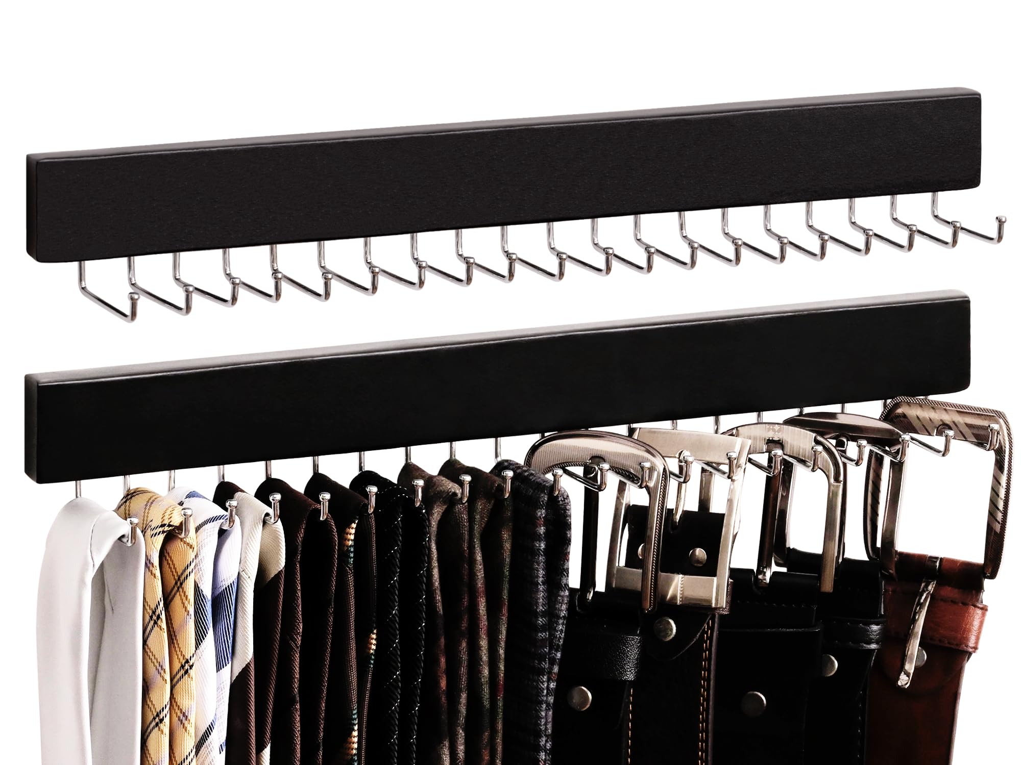 StorageWorks 2-Pack Wooden Tie Rack with 20 Hooks - Wall Mounted Organizer for Neckties, Belts, Hats & Accessories - Space Saving Closet Storage Solution for Home & Office (Black)