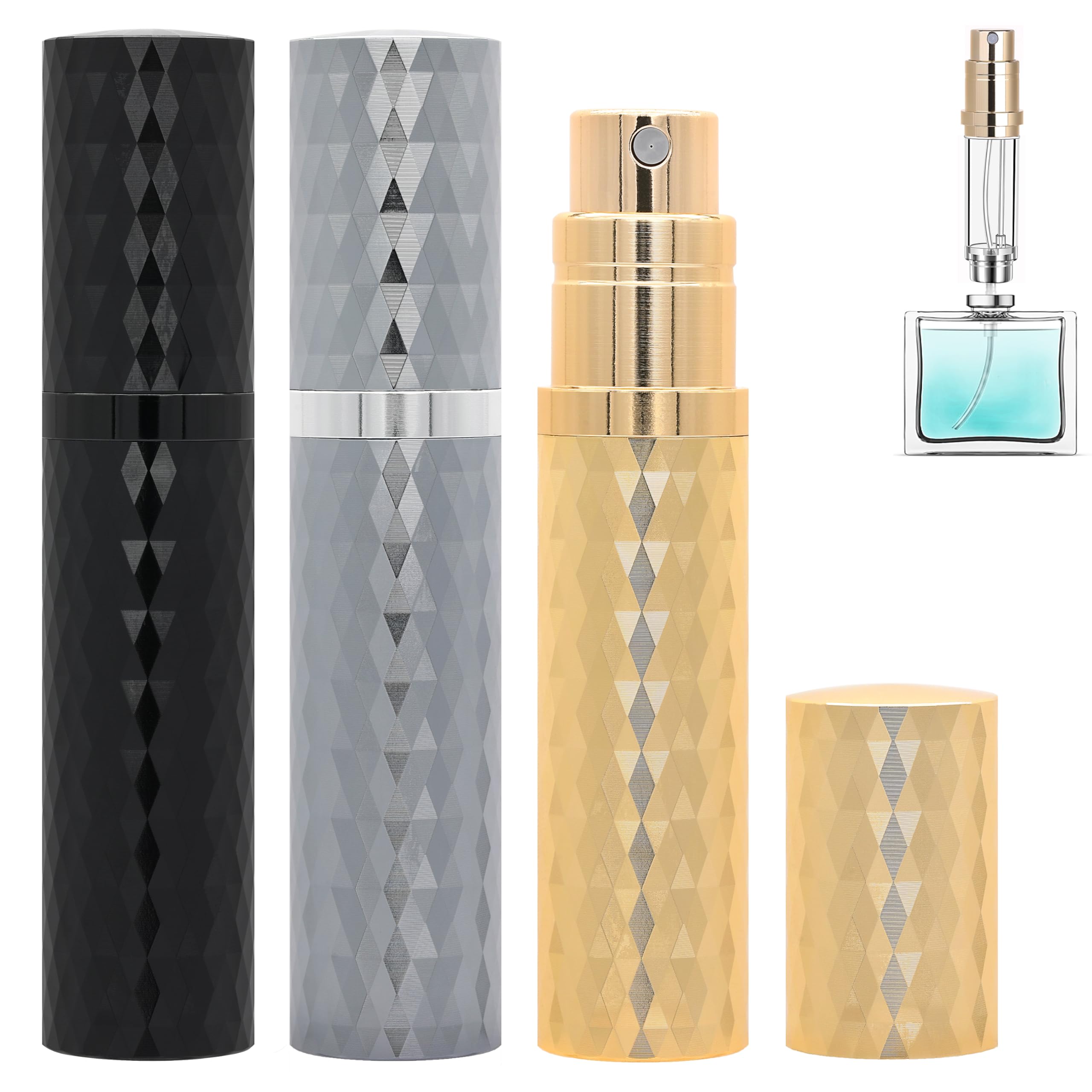 Refillable Travel Perfume Atomizer Bottle Set - 3-Pack 5ml Leakproof Mini Perfume Sprayers for Women & Men, Portable Fragrance Dispenser for Purse, Gym Bag & Airplane Carry-On (Black, Gray, Gold) | Perfect for Vacations, Business Trips & Daily Touch-Ups