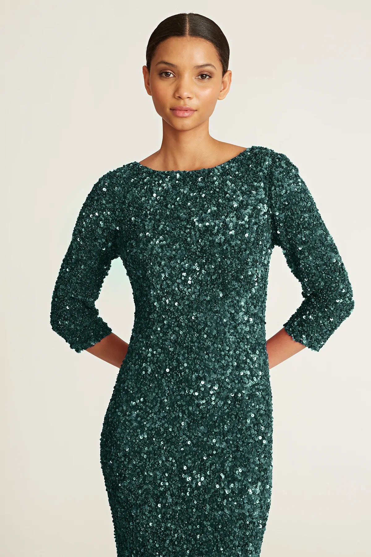 Sparkly 3/4 Sleeve Sequin Party Dress for Women - Elegant Pine Green Evening Gown for Cocktail Parties, Prom, and Special Occasions