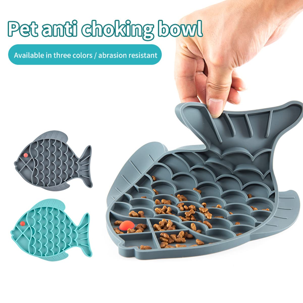 Slow Feeder Cat Bowls 2 Pack - Fish Shaped Silicone Puzzle Feeder for Healthy Eating & Anxiety Relief in Cats & Dogs - Lick Mat Treat Dispenser for Pets (Blue + Grey) - Perfect for Fast Eaters, Boredom Relief & Mealtime Enrichment