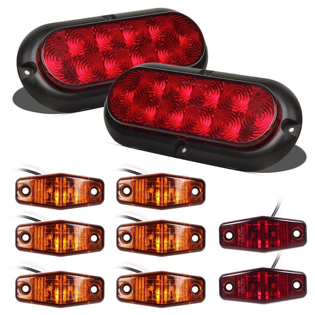 Partsam 12V Waterproof LED Trailer Lights - 2Pcs 6 Inch Oval Tail Lights with Stop/Turn/Brake Function + 8x Mini Oval LED Marker Lights for Utility Boats, RVs, Campers & Cargo Trailers | Durable Lighting Solution for Night Driving & Safety